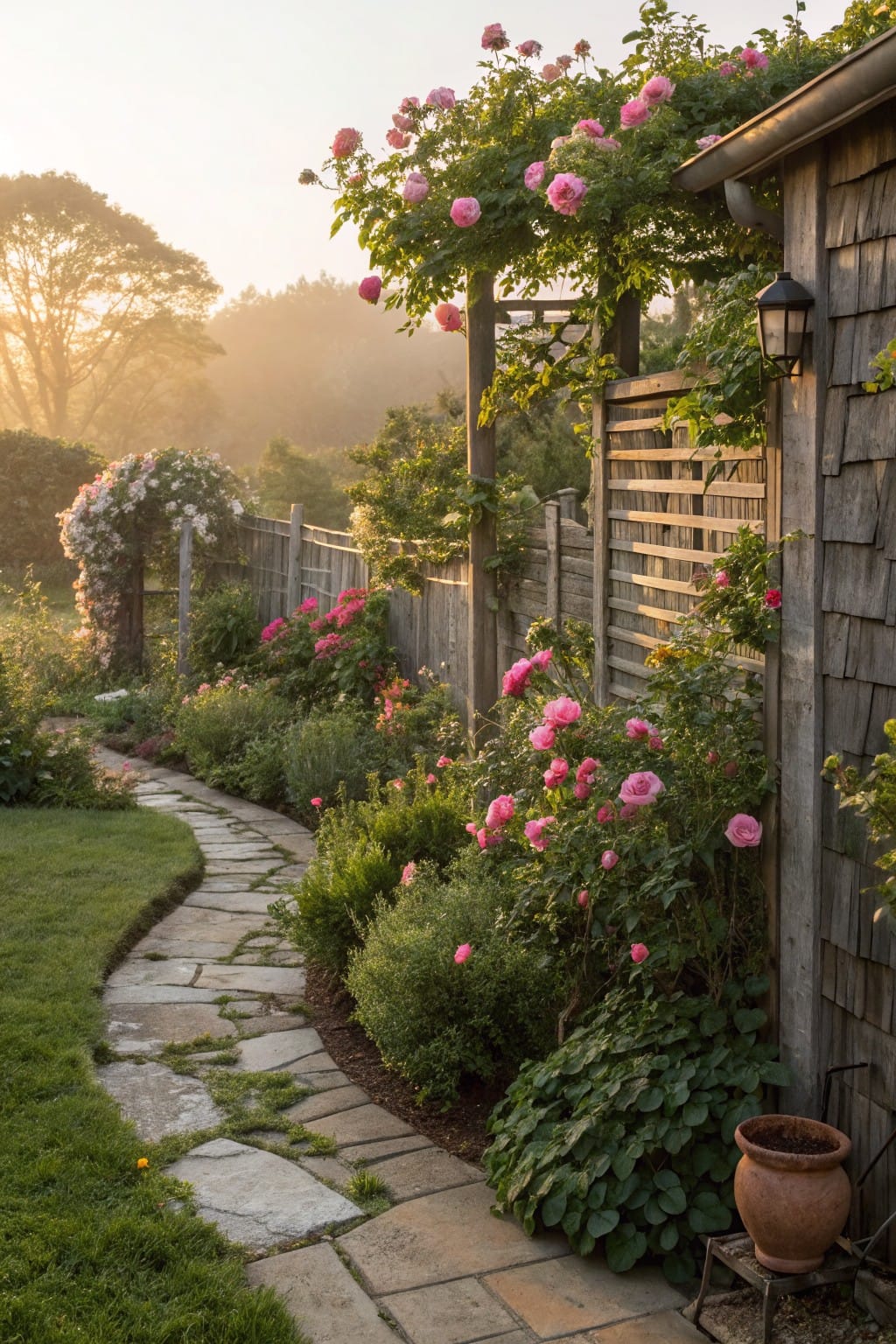 A winding flagstone path curves through a lush garden edged by a rustic slatted wooden fence and trellis overgrown with pink climbing roses, beside a weathered shingle-clad shed wall.