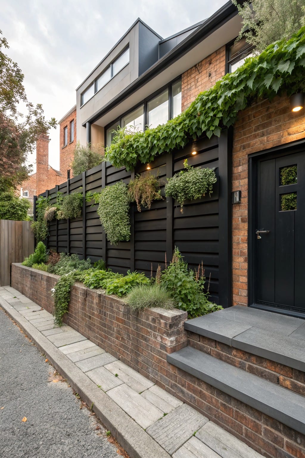 Brick house exterior featuring a tall black slatted wooden fence with integrated trailing plants and hanging greenery, brick planter bed, and steps to a black front door.