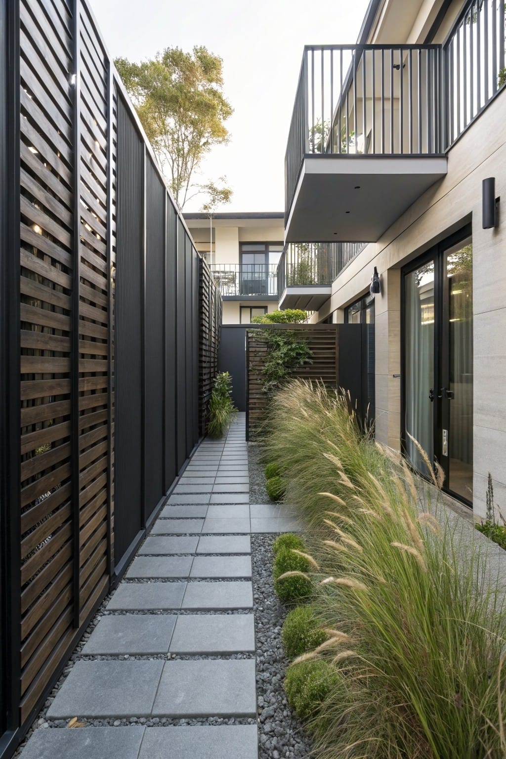 Narrow gray stone pathway bordered by tall dark slatted wooden fence on one side and modern house wall with glass doors on the other, edged with gravel, tall grasses, and shrubs.