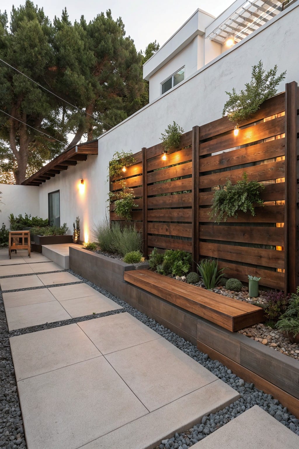 Backyard patio area with white stucco building, tall horizontal slat wooden fence holding plants and lit bulbs, concrete paver pathway, gravel borders, wooden bench, and various shrubs.
