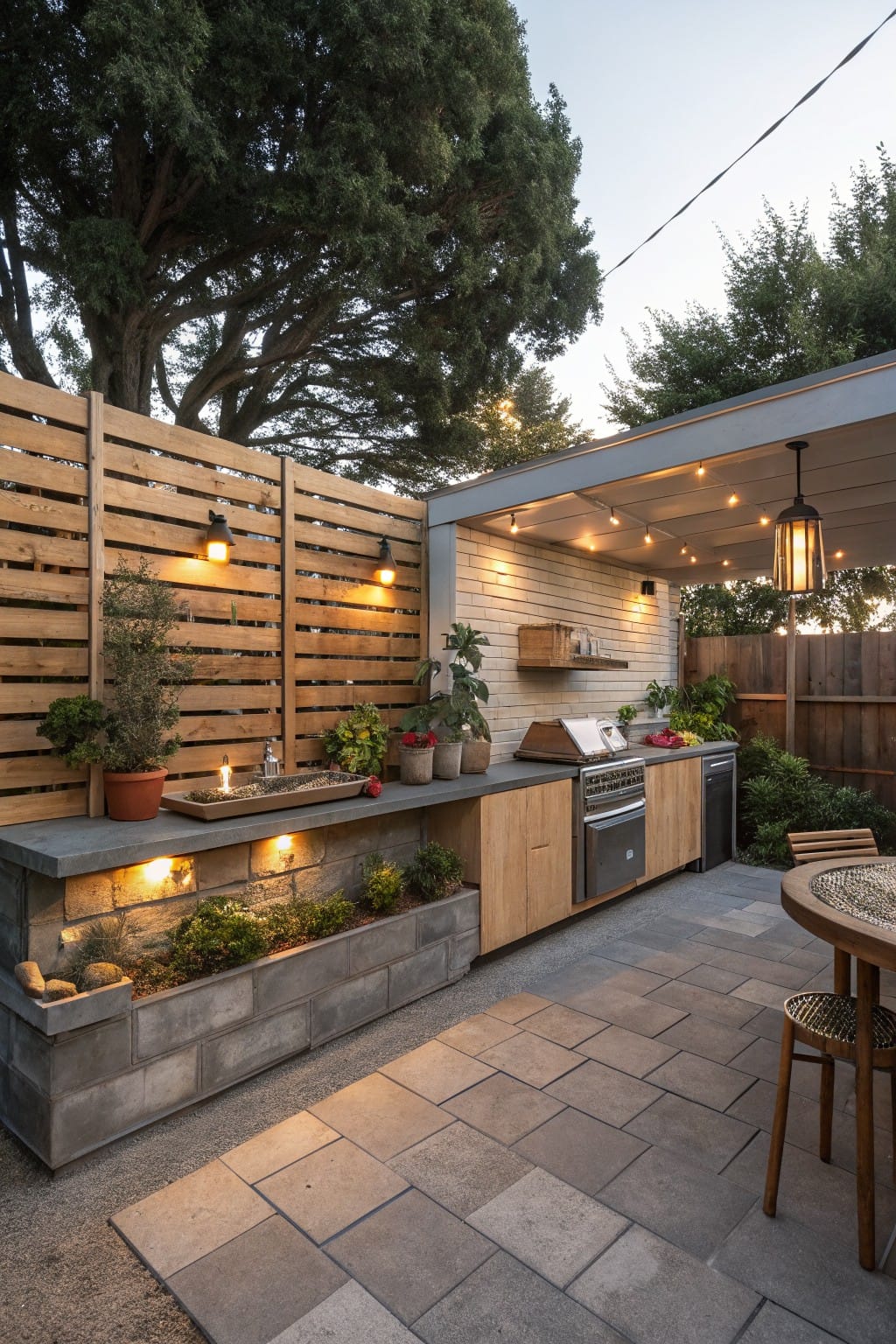 Backyard outdoor kitchen with stone countertop, wooden cabinets, horizontal slat wood fence, integrated planters, string lights, lanterns, paver patio, table and chairs, surrounded by trees and greenery.