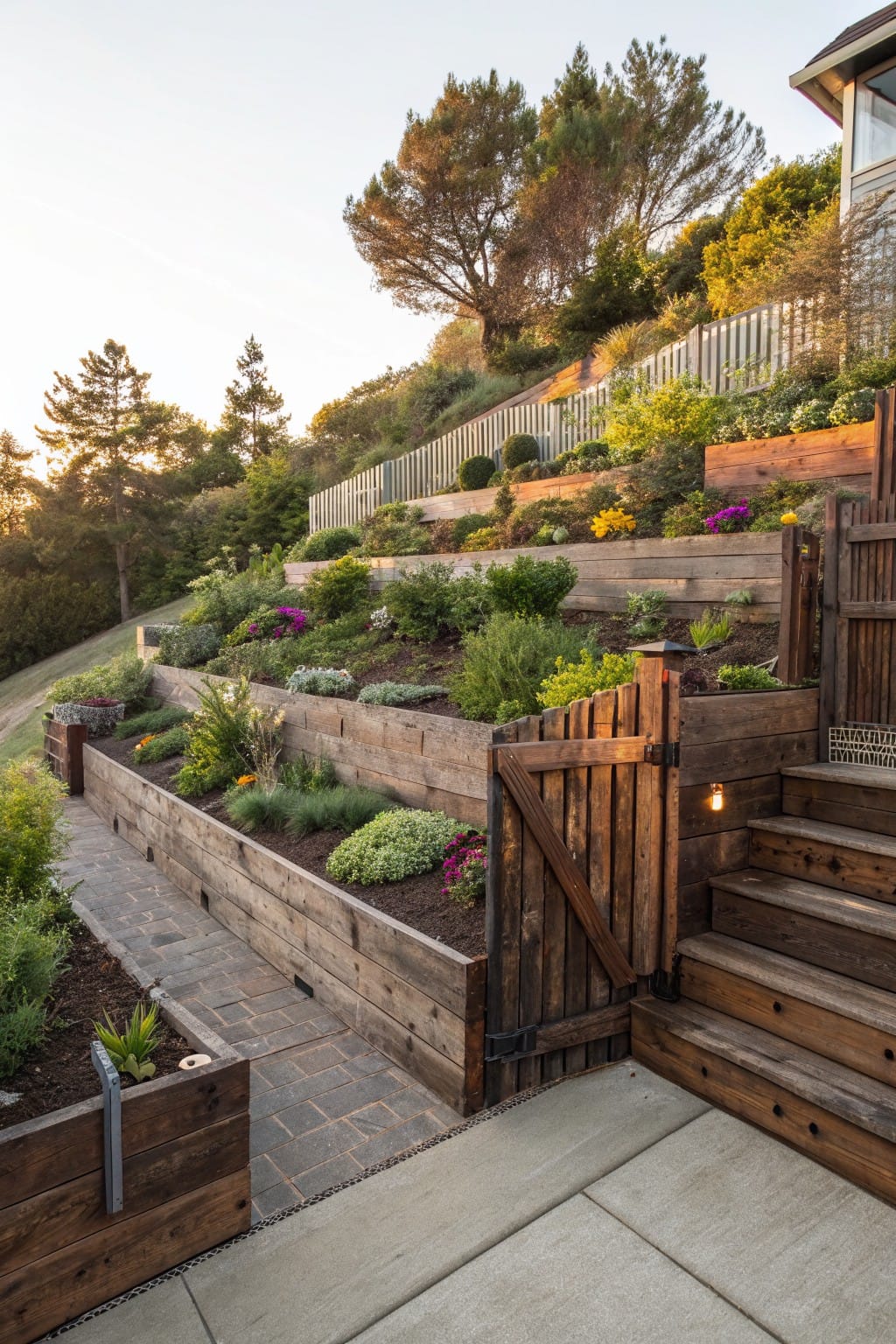Sloped backyard with multiple levels of wooden raised garden beds filled with colorful flowers and plants, a wooden slat gate, brick walkway, wooden steps, and fence leading to a house.