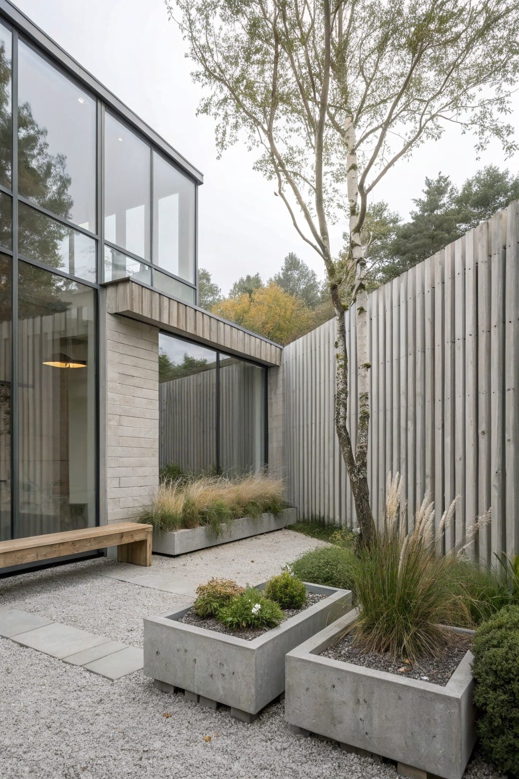 Modern house corner with large glass walls, stone and wood cladding, wooden bench, concrete planters with grasses and shrubs, gravel ground, and tall vertical wooden slat fence with birch tree.