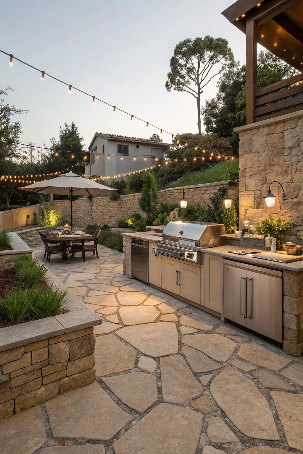 Outdoor patio featuring an irregular flagstone pathway leading from a wooden dining table under a beige umbrella to a stainless steel grill station with beige cabinets, surrounded by stone walls, plants, string lights, lanterns, and trees at dusk.