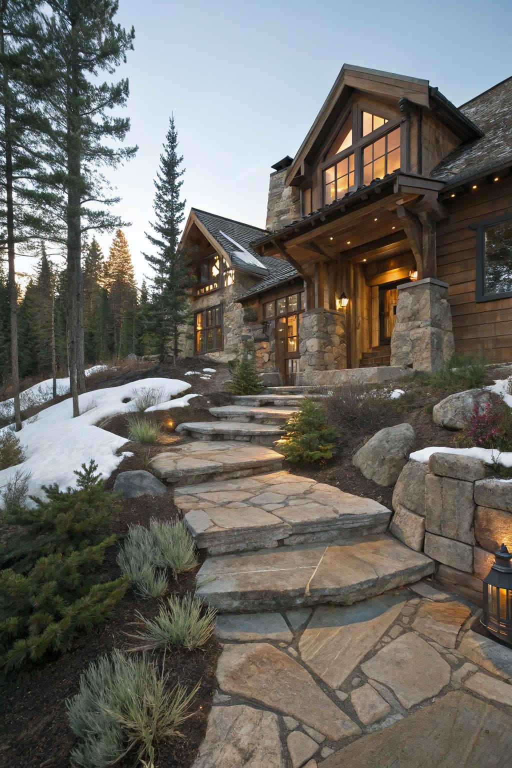 Stone pathway with irregular flagstone steps bordered by large boulders, shrubs, and snow on a hillside leading to a wooden house entrance surrounded by trees.