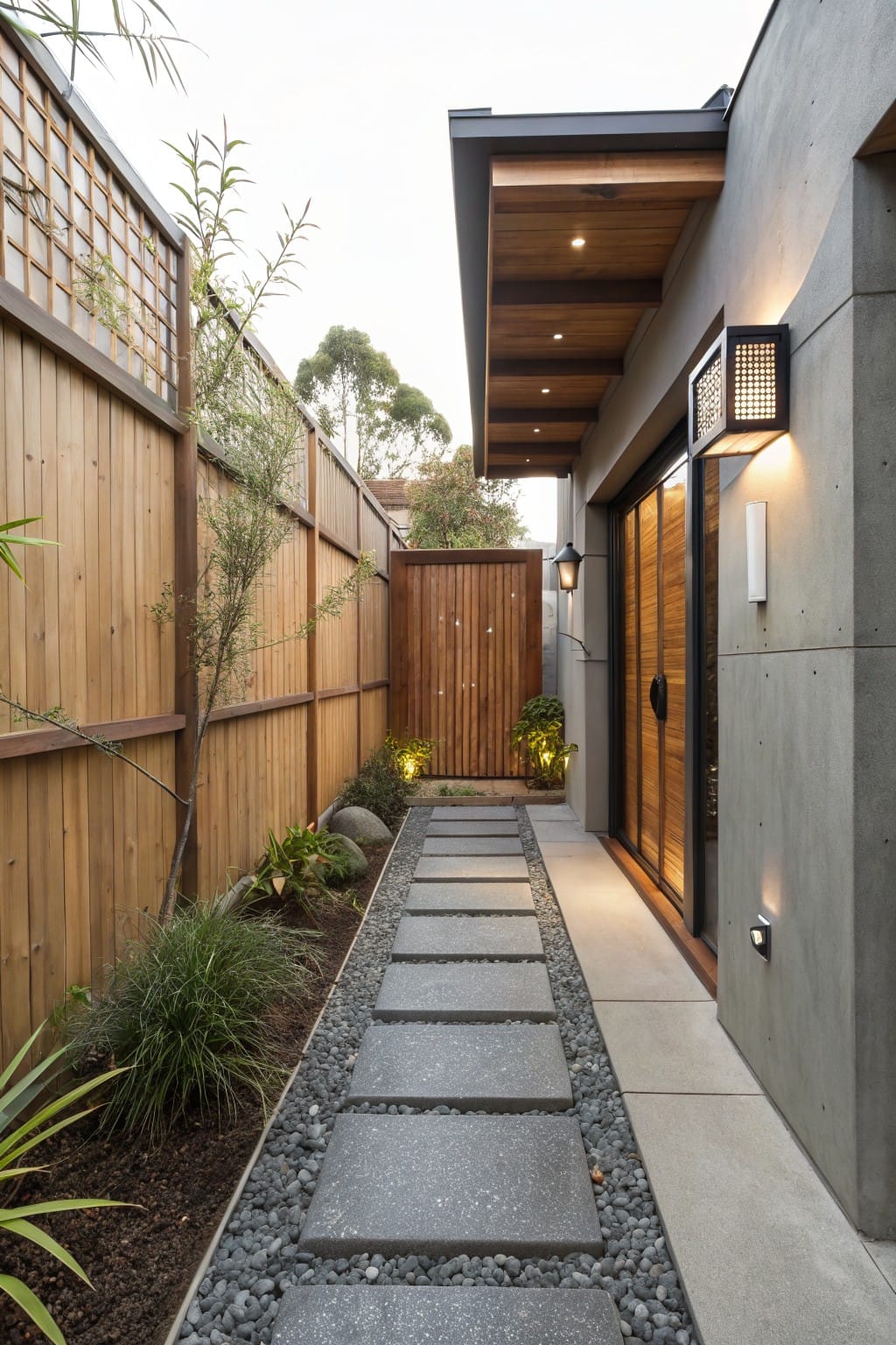 Narrow outdoor pathway of large rectangular dark gray stone slabs inset into white gravel, bordered by low grasses and plants beside a concrete house wall and wooden fence.