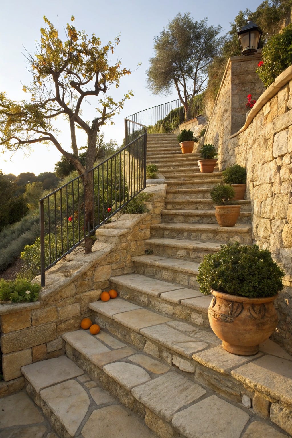 Winding stone staircase with black iron railings ascends terraced stone walls on a hillside, lined with potted plants, orange fruits on steps, olive trees, and bushes under a clear sky.