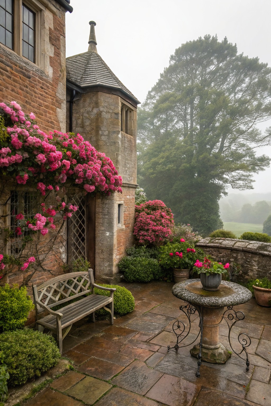Stone and brick house exterior with pink rhododendron flowers climbing walls and shrubs bordering a wet stone patio with wooden bench, metal table, potted plants, and boxwoods in misty conditions.