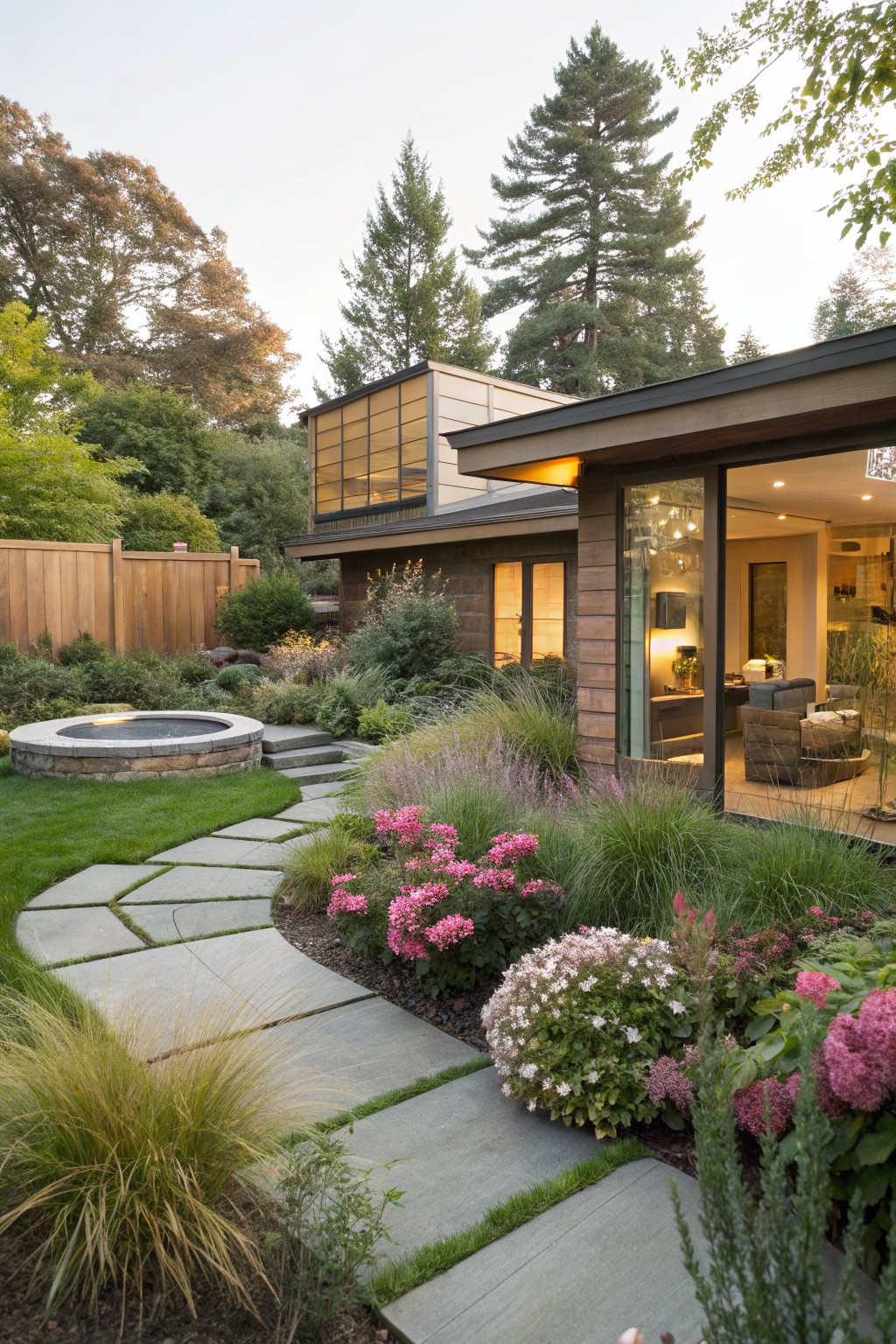 Backyard garden with modern house featuring wood siding and large glass doors, curved gray stone pathway lined with pink flowering shrubs, ornamental grasses, green lawn, stone fire pit, and surrounding trees and wooden fence.