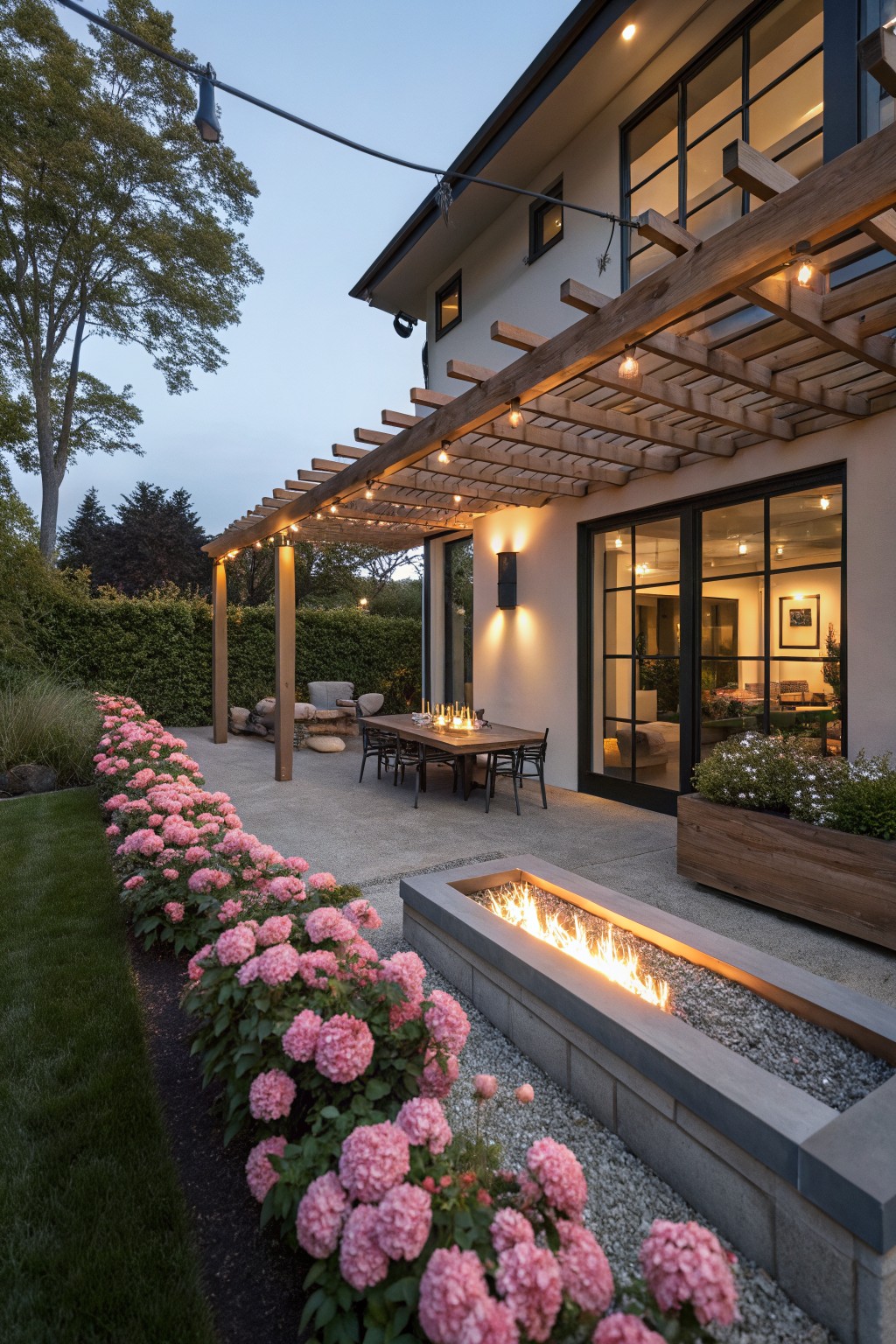 Modern backyard patio with wooden pergola and string lights overhead, concrete surface, dining table and chairs, linear fire pit, dense border of pink hydrangea shrubs along one edge, and large glass sliding doors on the stucco house exterior.