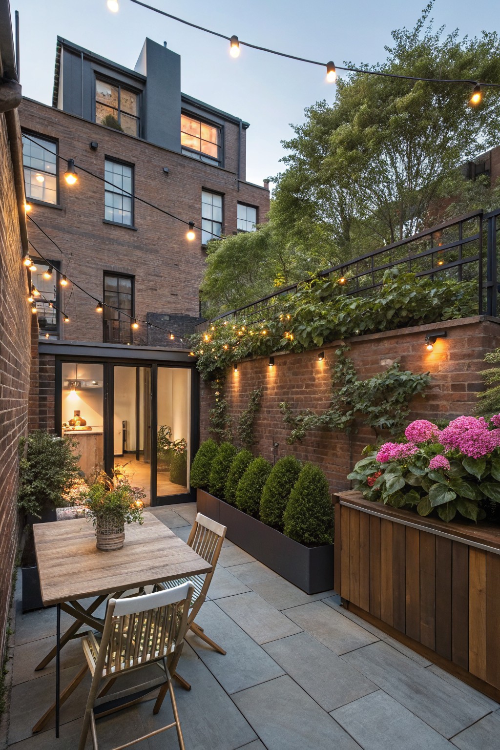 Brick-walled urban courtyard patio at dusk with overhead string lights, wooden dining table and chairs, potted pink hydrangeas in a raised wooden planter, boxwood shrubs, and sliding glass doors opening to a kitchen.