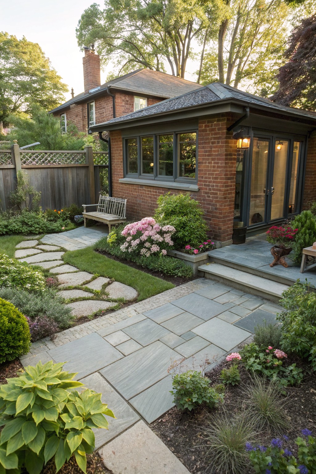 Backyard view showing pink rhododendron shrubs bordering an irregular stone stepping path that leads to a slate patio, steps, and brick garden shed with glass doors and windows.