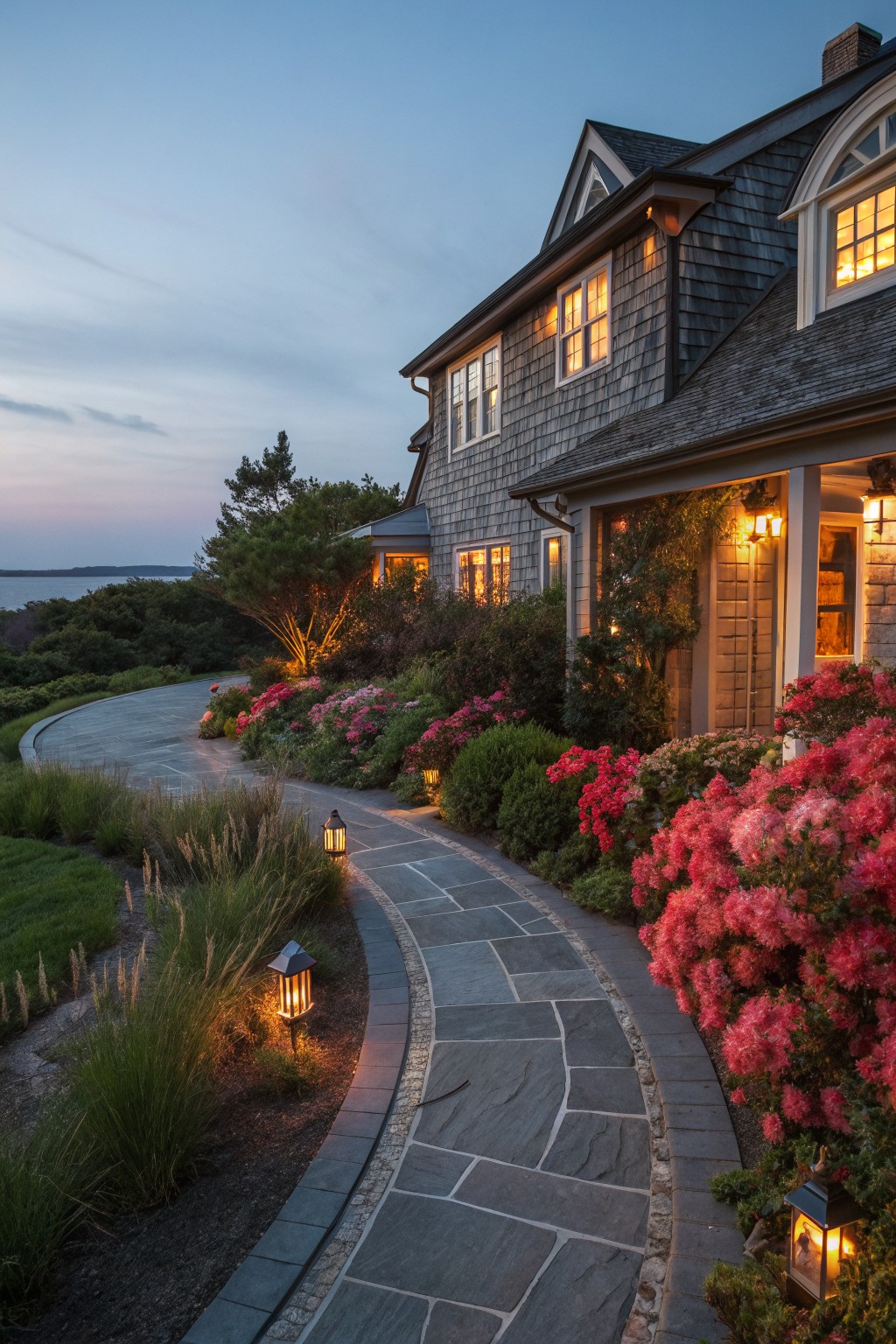 Shingle-style house at dusk with curved slate pathway lined by blooming pink rhododendrons and lanterns, surrounded by shrubs and overlooking water.