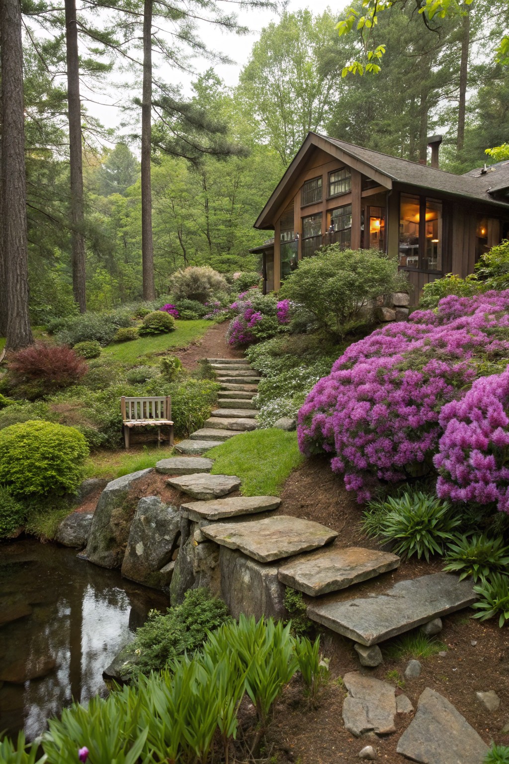 Wooden house with large windows above a terraced garden of pink rhododendron bushes flanking a flagstone step pathway with a bench, rocks, and a small stream below.