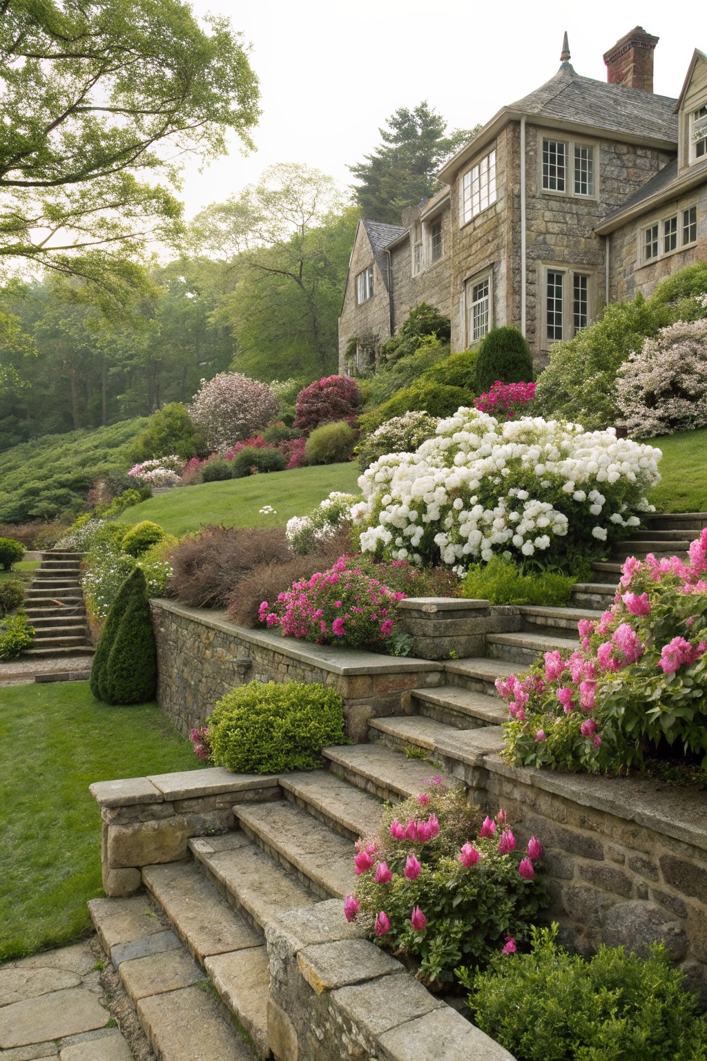 Stone house on a wooded hillside with terraced stone steps and retaining walls lined with blooming pink and white rhododendrons and shrubs.