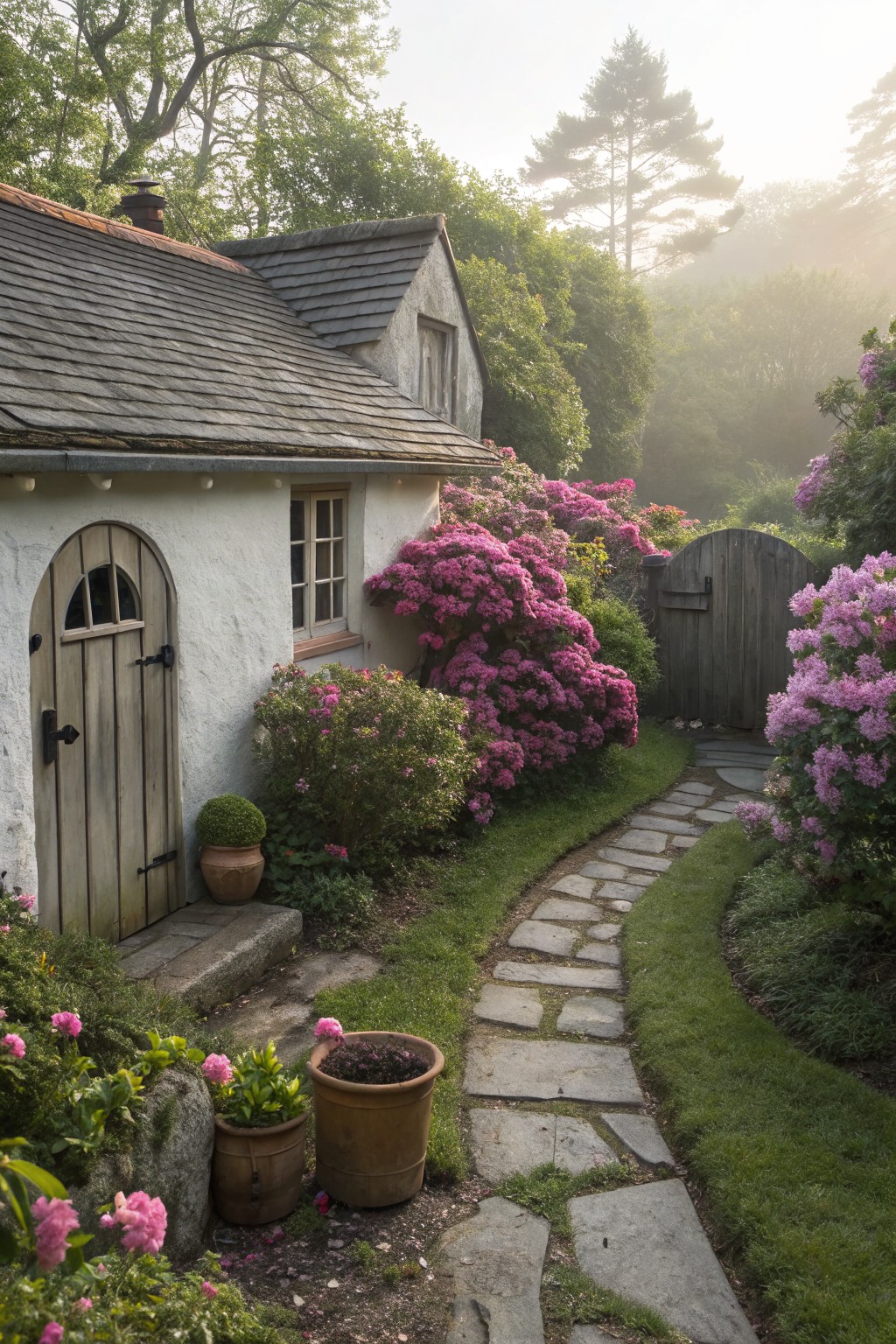 Small white cottage with gray slate roof and arched wooden door, flanked by pink rhododendron bushes along a curving stone pathway leading to a wooden garden gate, surrounded by green foliage and misty trees.