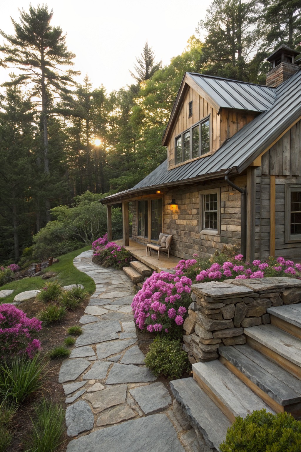 Rustic cabin-style house with wooden siding, metal roof, and stone foundation on a forested hillside, with a winding flagstone path lined by clusters of pink rhododendron blooms leading to wooden steps and a porch.