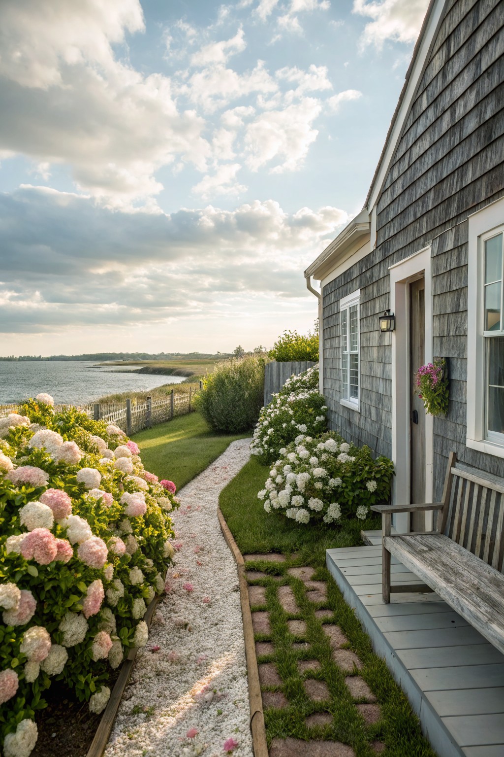 Gray shingle-sided cottage with white-trimmed door and windows, pink and white hydrangea bushes bordering a gravel and stone path to the entry, wooden bench on porch, and coastal water view beyond a fence.