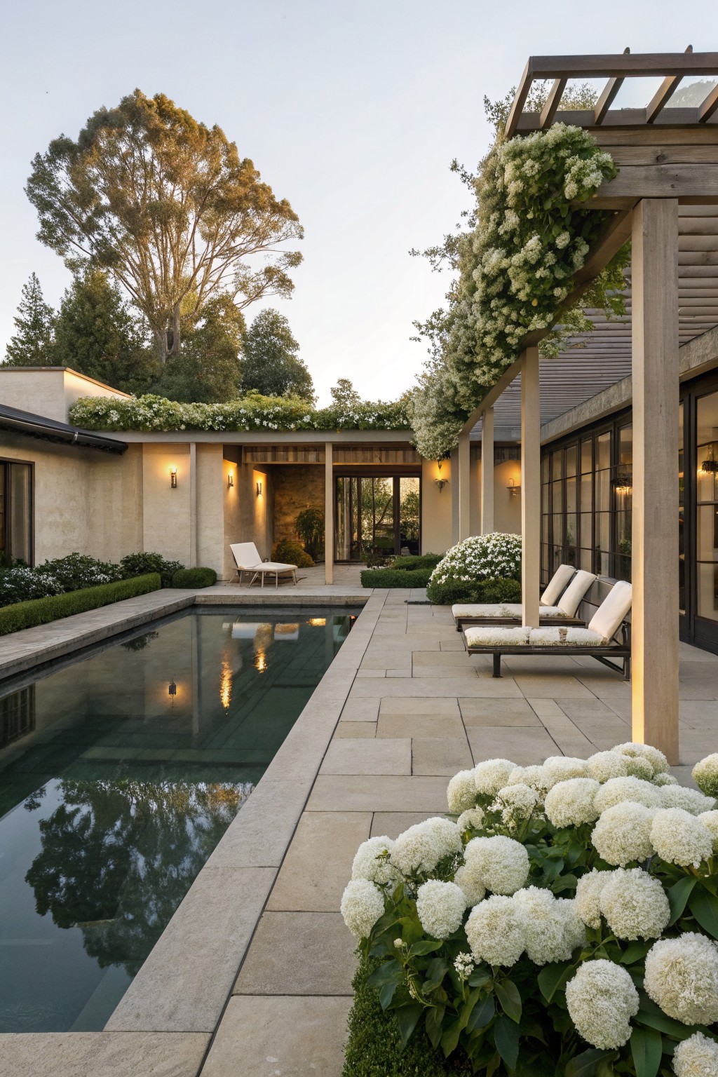 Backyard pool with beige stucco house, wooden pergola covered in vines, lounge chairs on stone pavers, large white hydrangea bushes along the pool edge, and trees in the background at dusk.