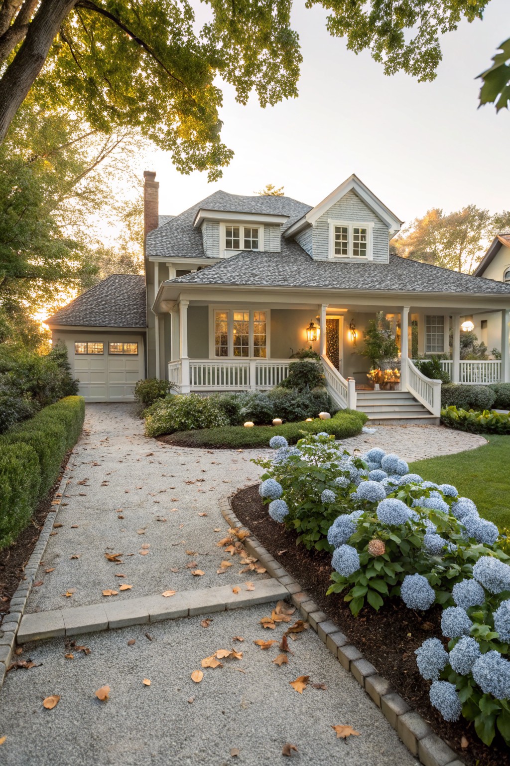 Gray shingle-style house with light siding, wraparound porch, attached garage, and gravel driveway edged by boxwood hedges and blue hydrangea plantings under trees at sunset.