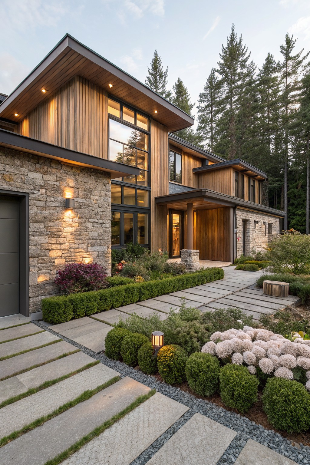 Modern wood-and-stone house exterior with a gray garage door, large glass windows, and a concrete paver pathway lined by trimmed boxwood hedges and hydrangea plantings with white blooms, set amid trees and gravel mulch.