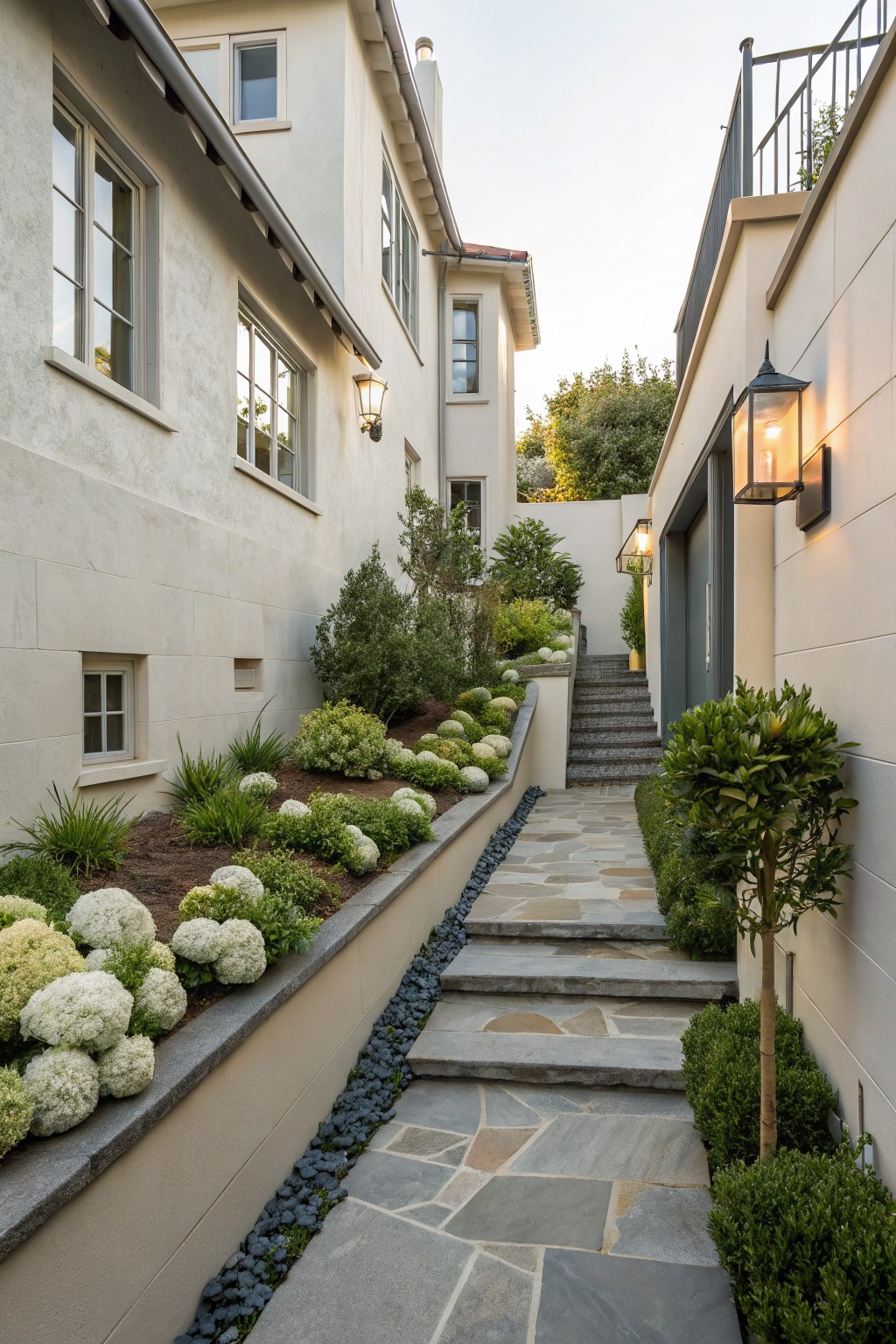 Narrow stone pathway with gravel borders and steps flanked by raised beds of white hydrangea blooms and green shrubs between beige stucco walls with wall-mounted lanterns.