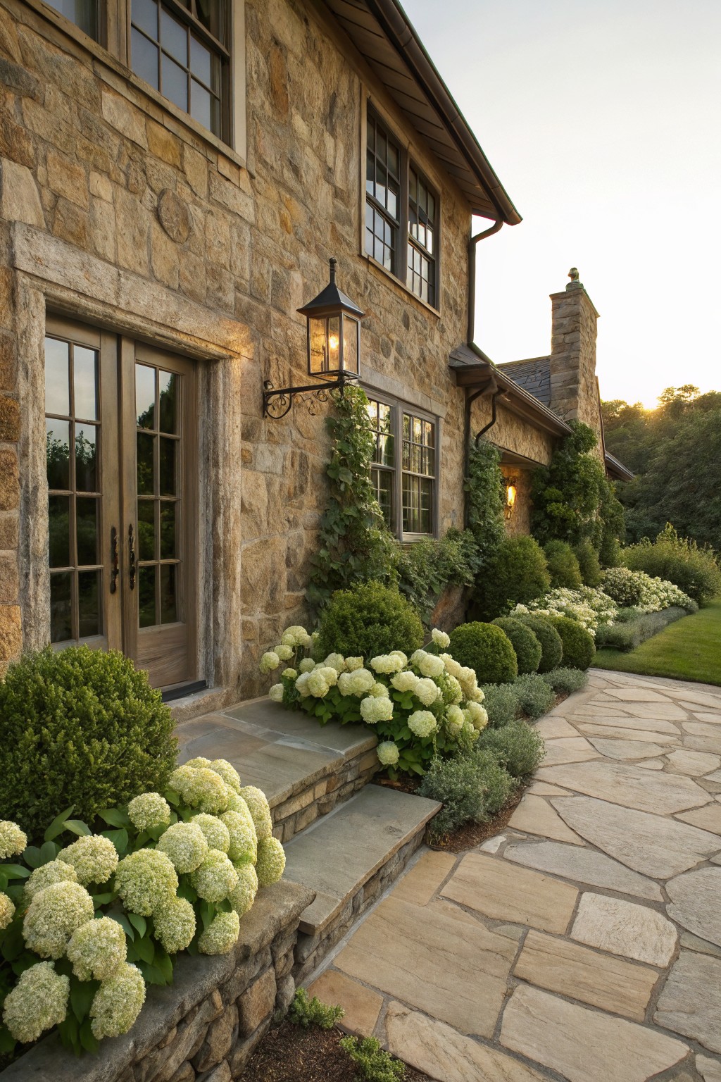 Stone house exterior featuring double glass-paneled doors at the top of stone steps, bordered by spherical boxwood shrubs and blooming white hydrangeas, with a flagstone pathway leading away.