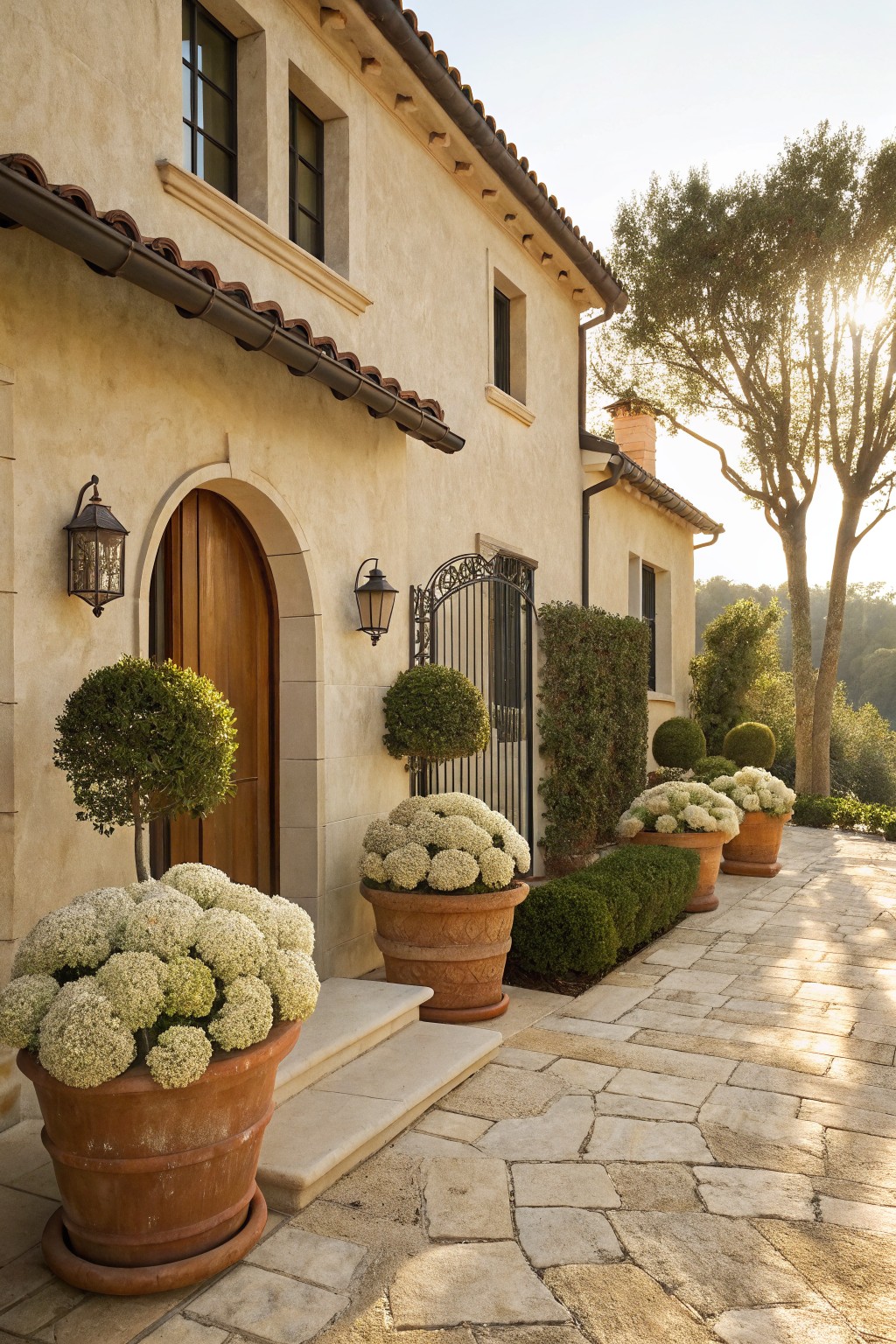 Beige stucco house exterior with arched wooden entry door flanked by boxwood shrubs, large terracotta pots of white hydrangeas, wrought iron gate, lanterns, and stone pathway leading to the door.