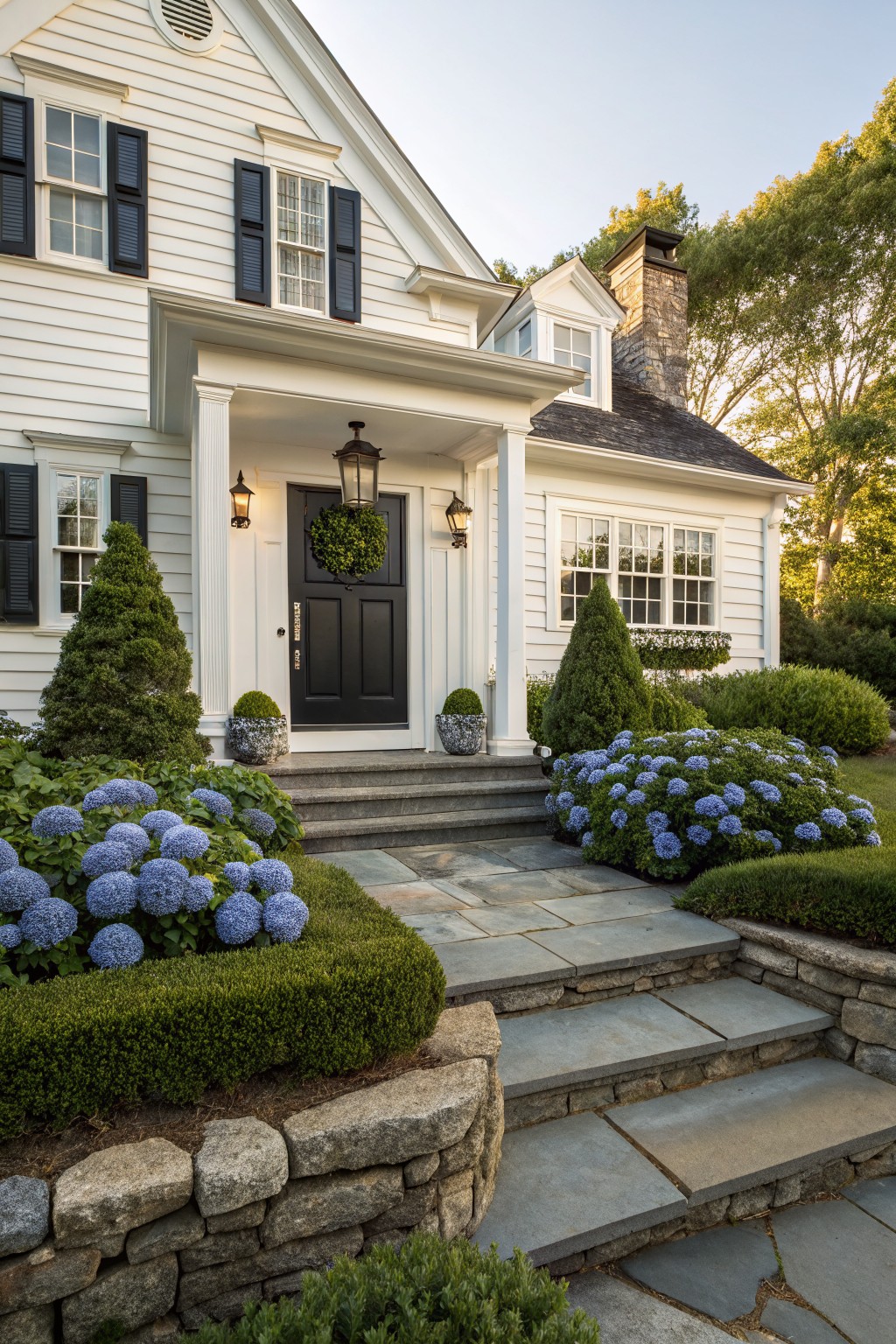 White clapboard house with black front door under columned porch, stone steps bordered by blue hydrangea bushes and clipped green boxwood hedges and topiaries.
