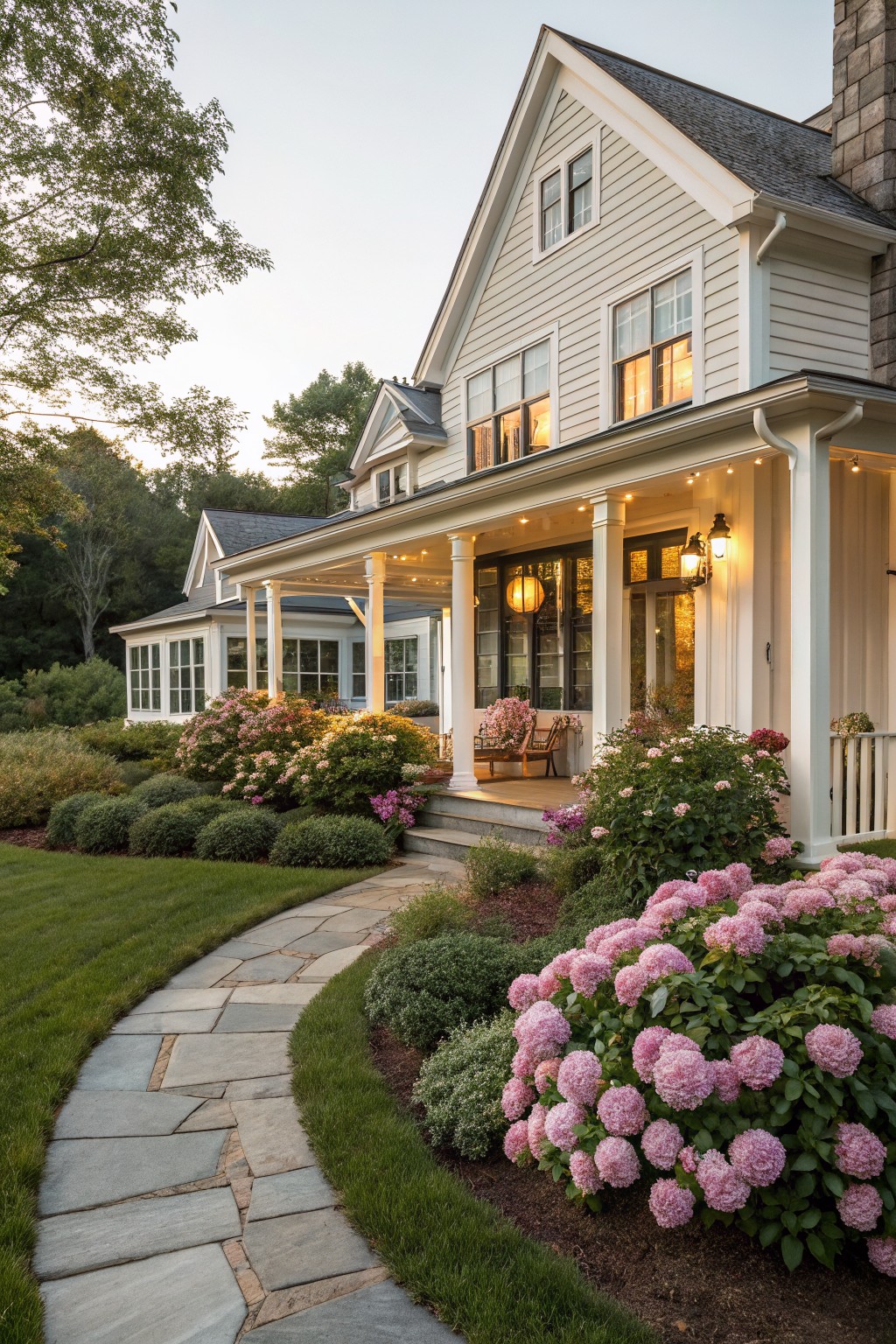 White clapboard house with wraparound porch and sunroom addition, approached by a curving flagstone pathway bordered by pink hydrangea bushes and boxwood shrubs in a landscaped front yard at dusk.