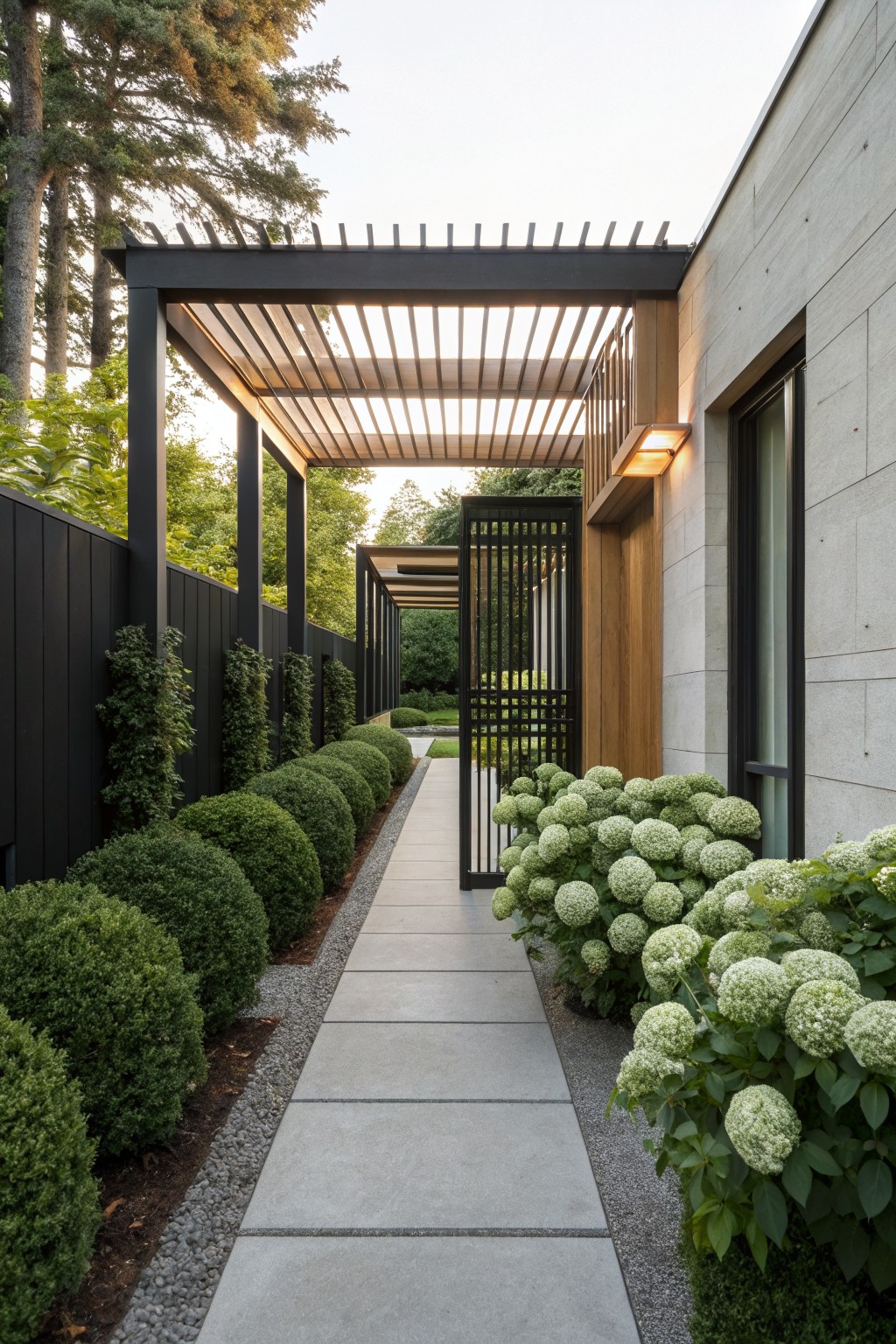 Concrete pathway edged by spherical green boxwood shrubs on one side and clusters of white hydrangea blooms on the other, leading past a black fence and pergola-covered gate to a modern concrete house wall.