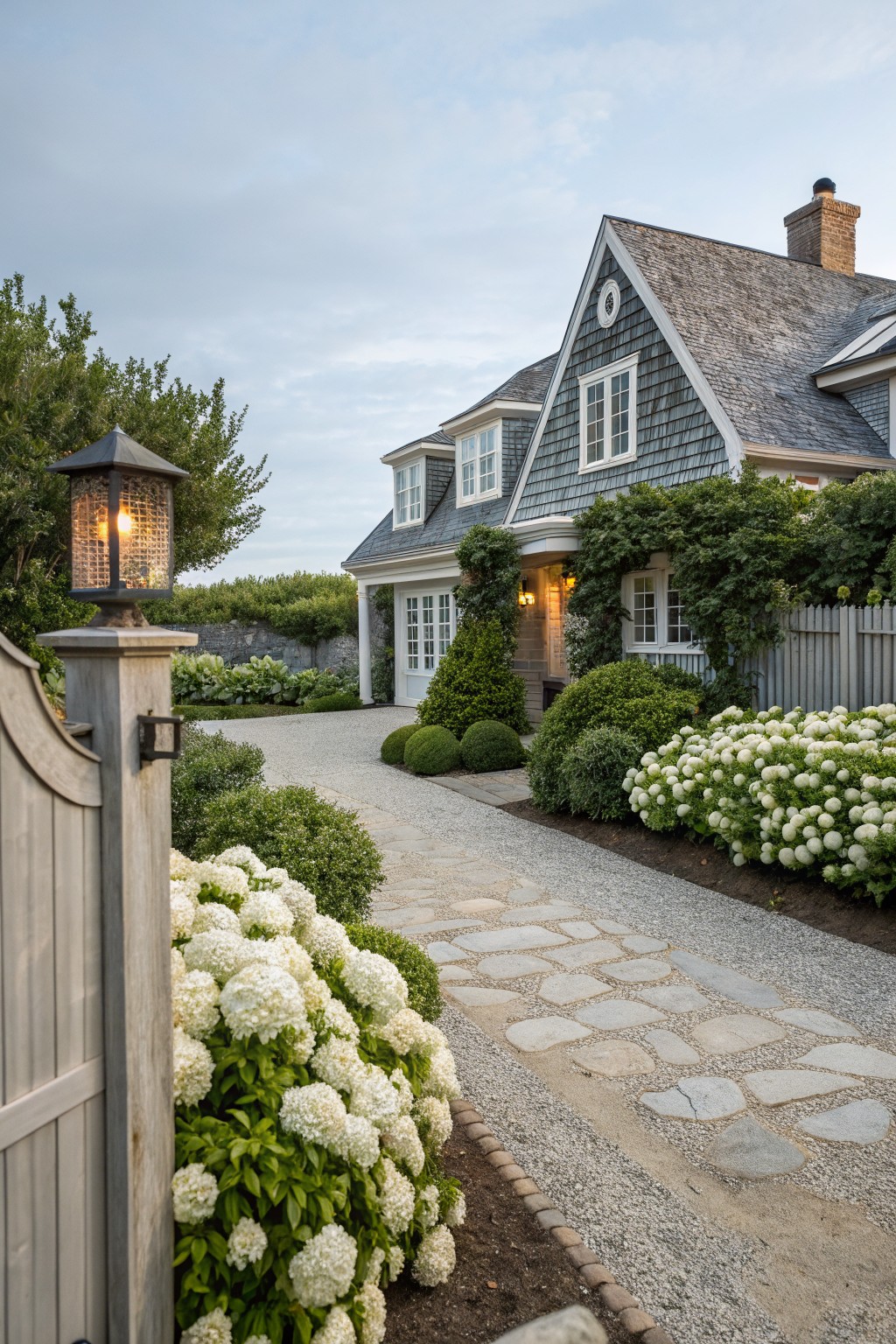 Gray shingled house with white-trimmed windows and climbing vines beside a gravel area, flagstone walkway edged by white hydrangea bushes and round green boxwoods, wooden gate and lit lanterns in the foreground.
