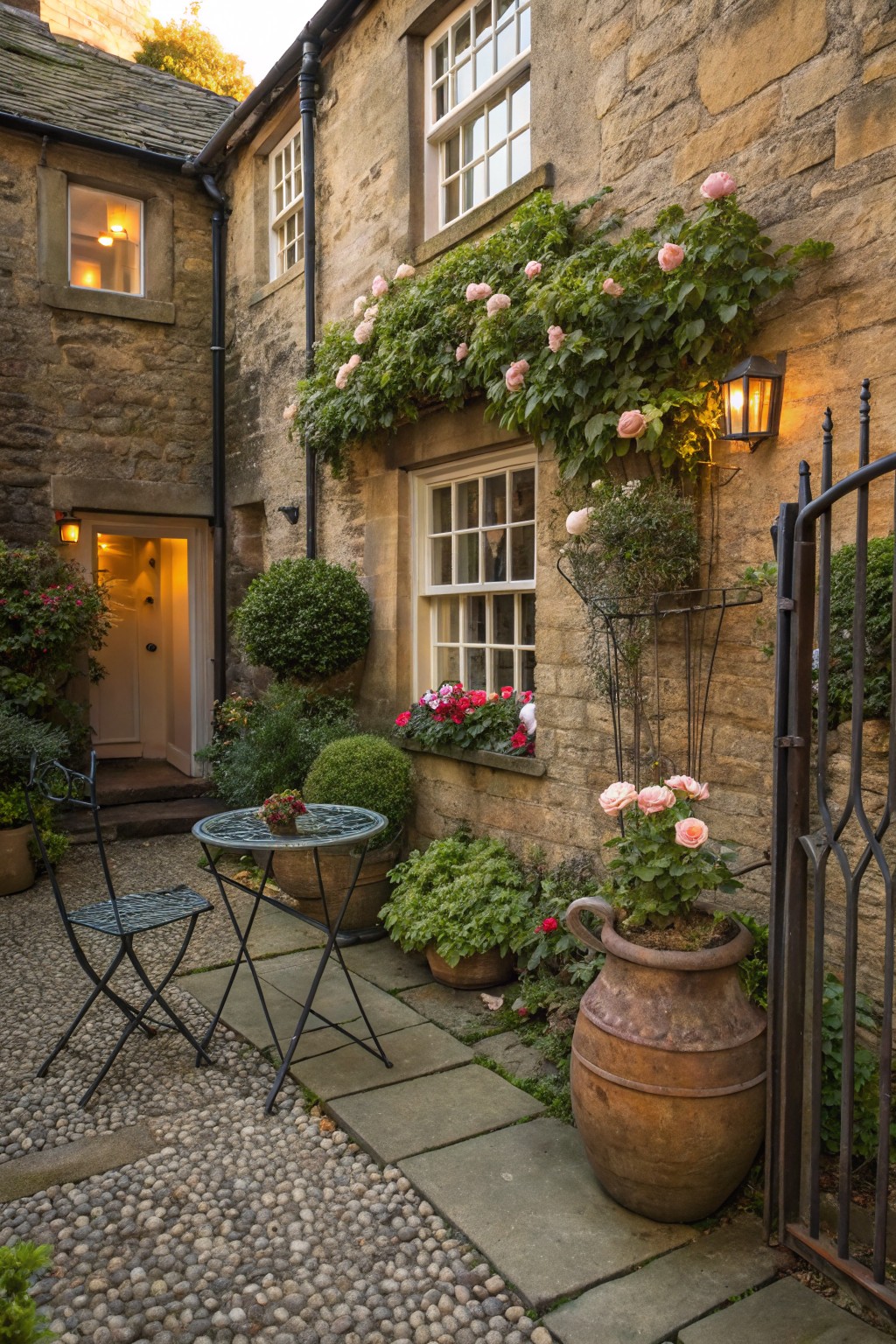Stone house exterior with climbing pink roses on walls, window flower boxes, potted plants, bistro table and chairs on gravel courtyard, lanterns, and iron gate.