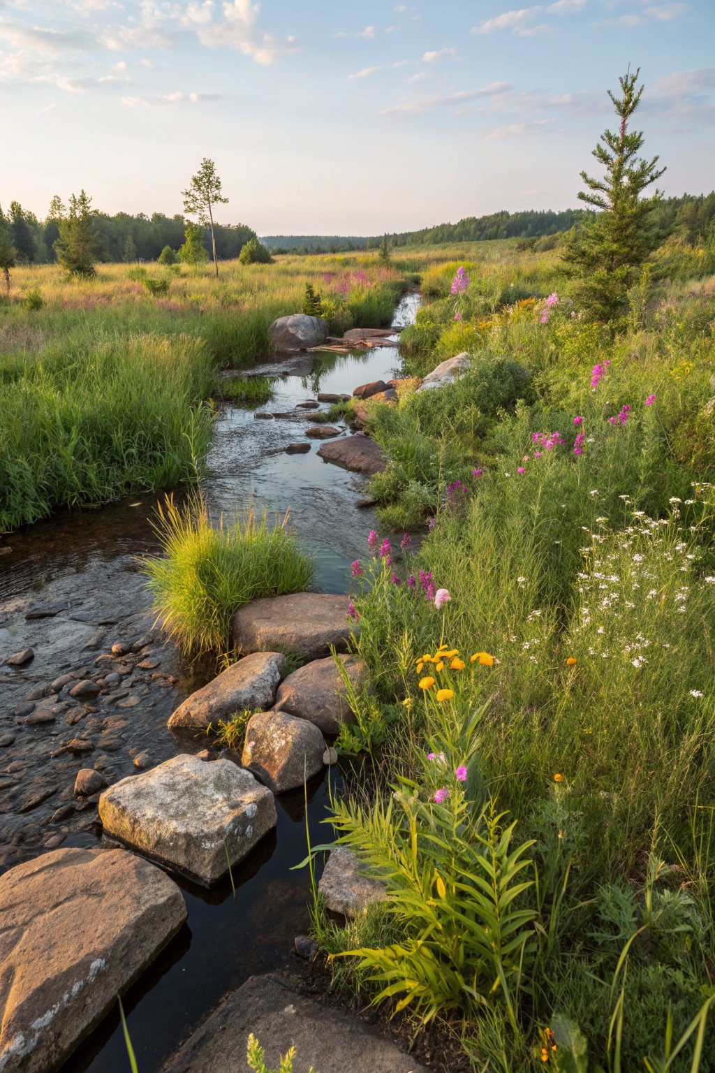 A gentle stream winds through a meadow of tall grasses, pink and purple wildflowers, yellow blooms, ferns, and large flat rocks placed as stepping stones across the water, with pine trees and open fields in the background under a partly cloudy sky.