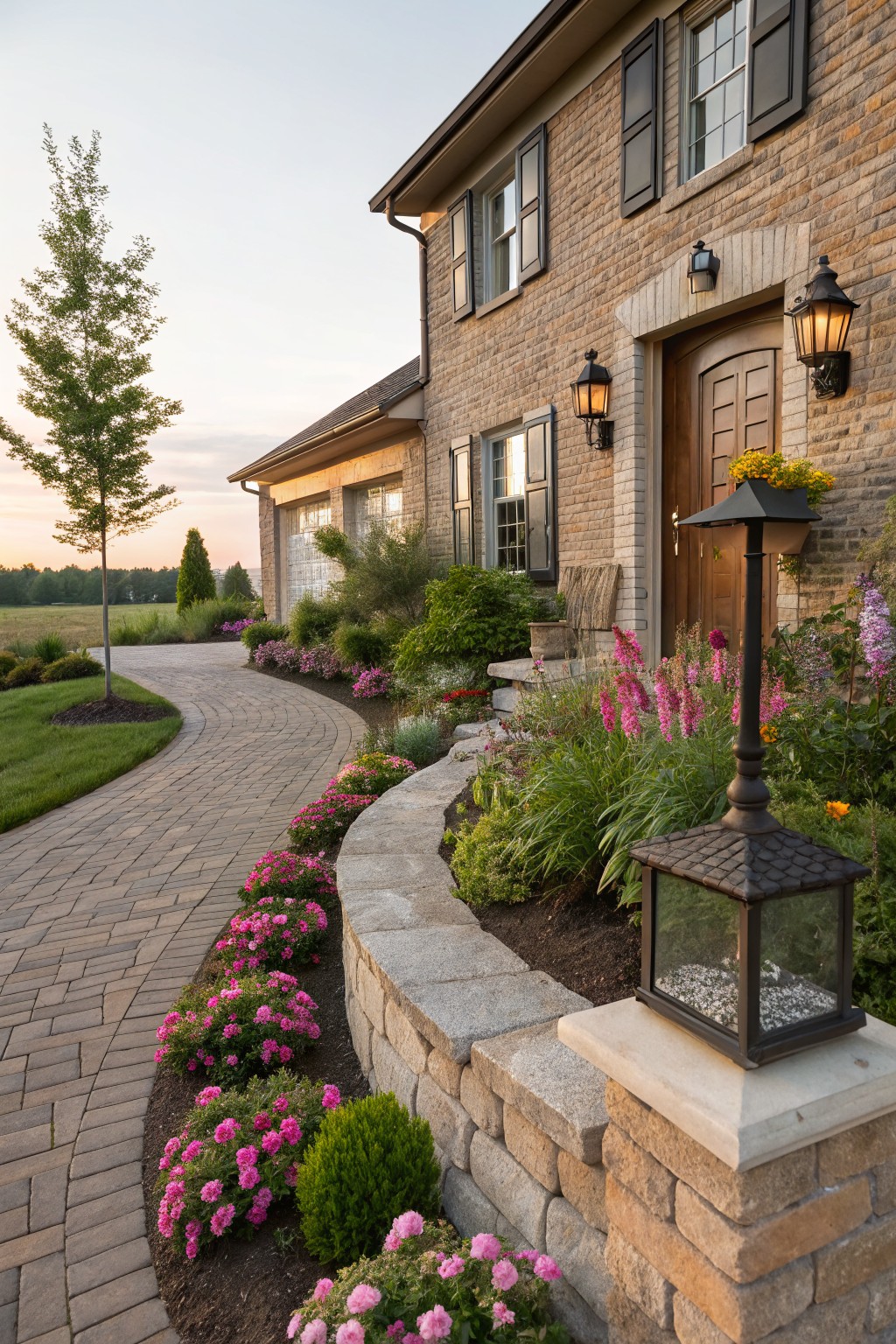 Curved brick pathway leading to the wooden front door of a brick house, bordered by a low stone retaining wall with pink flowers, green shrubs, and lanterns along the edge.