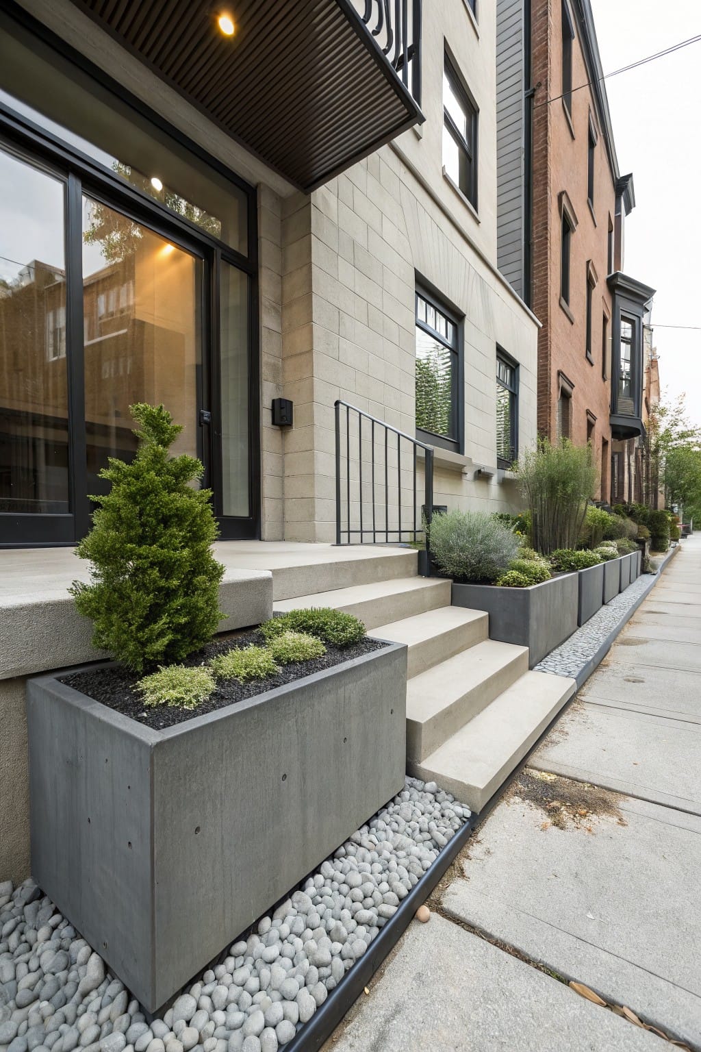 Row of large gray rectangular concrete planters filled with small shrubs, succulents, and ground covers along a city sidewalk next to concrete entry steps of a modern townhouse.