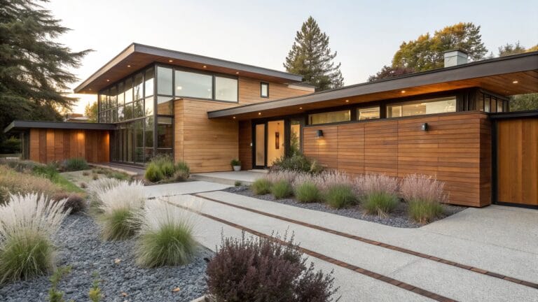 Contemporary house with cedar wood siding and black accents, concrete pathway edged by tall ornamental grasses and pebble mulch leading to side entry door and garage.
