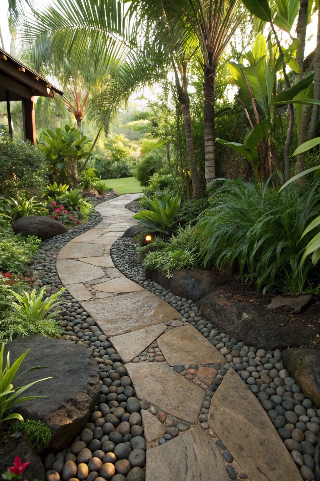 Winding flagstone path with irregular slabs bordered by black river rocks and larger boulders in a lush tropical garden with palms, ferns, and groundcover.