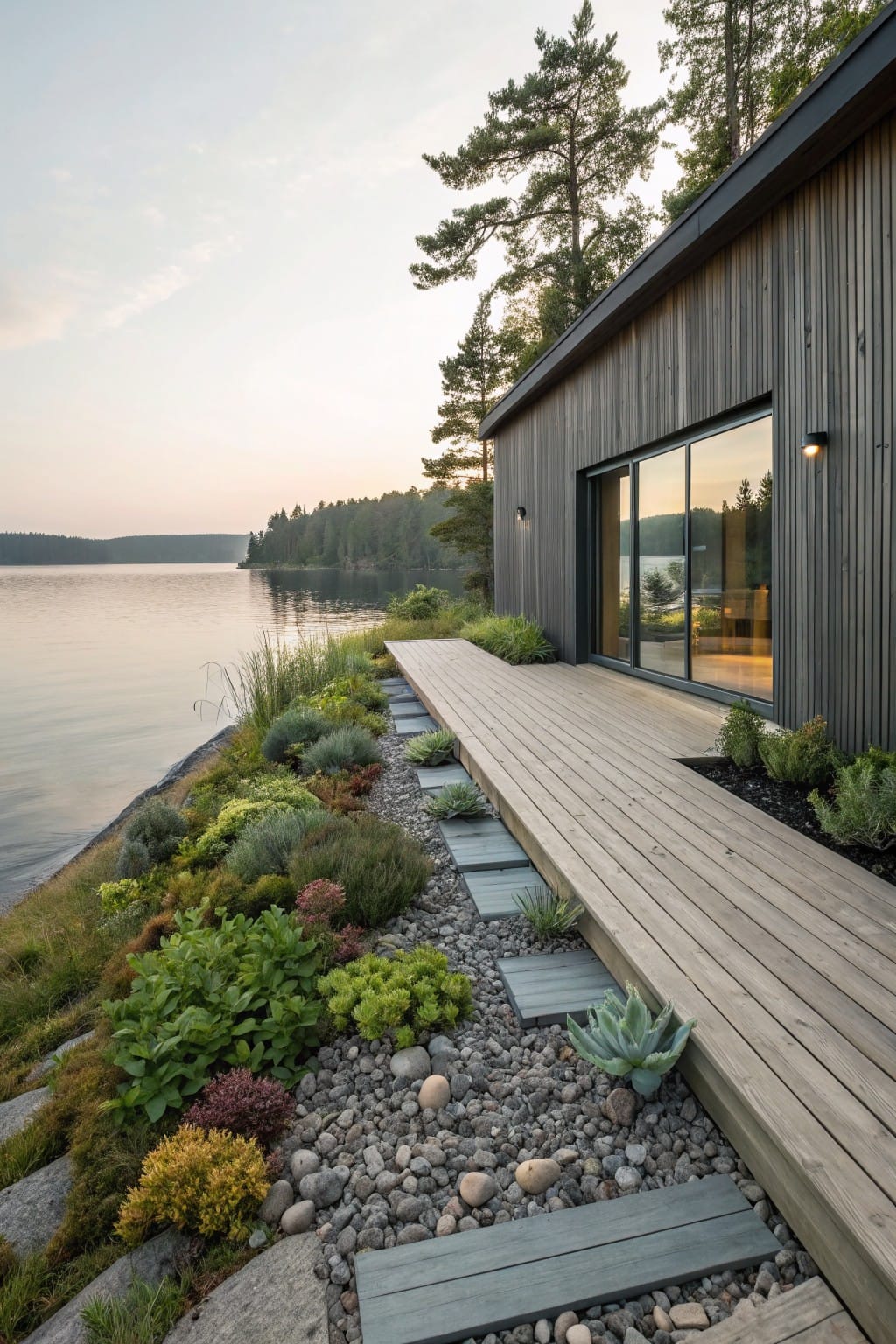 Wooden-clad modern house with large sliding glass doors on a deck overlooking a lake, bordered by gravel mulch, gray stone slabs, low plants, and rocks on a sloped shoreline.