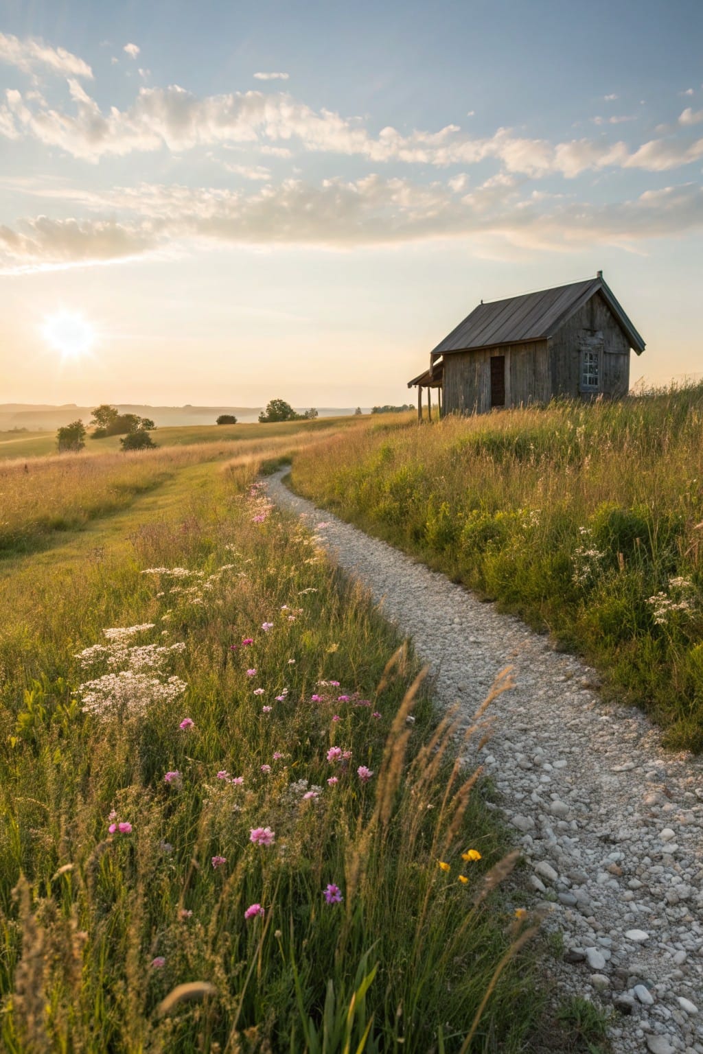 A gravel pathway winds through tall grasses and wildflowers toward a small rustic wooden cabin on a hillside at sunset.