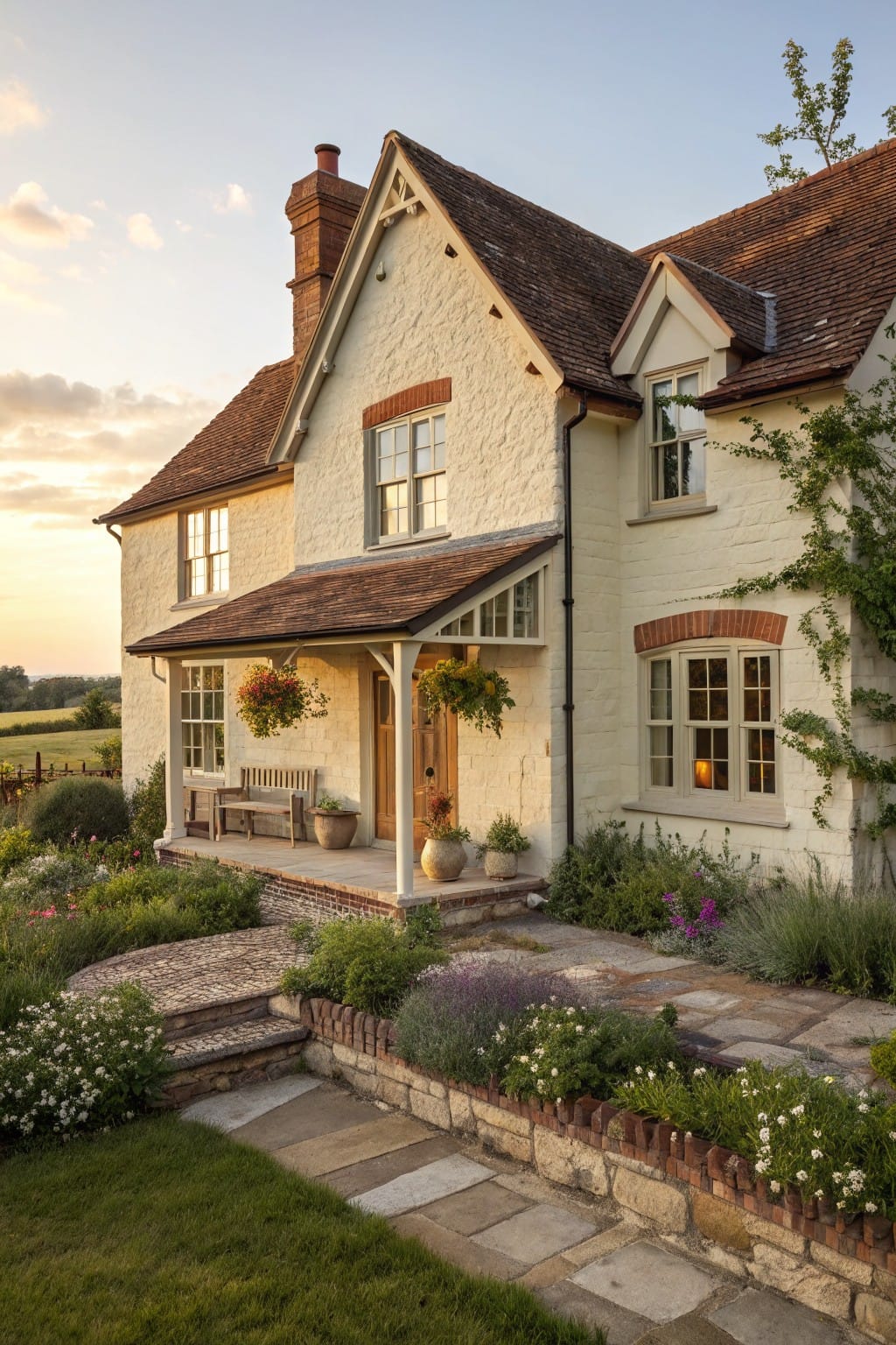 White rendered cottage house with brick accents and tiled roof beside a sunset field, showing a curved stone pathway edged by low brick wall planted with lavender and white flowers leading to a porch with bench and hanging baskets.