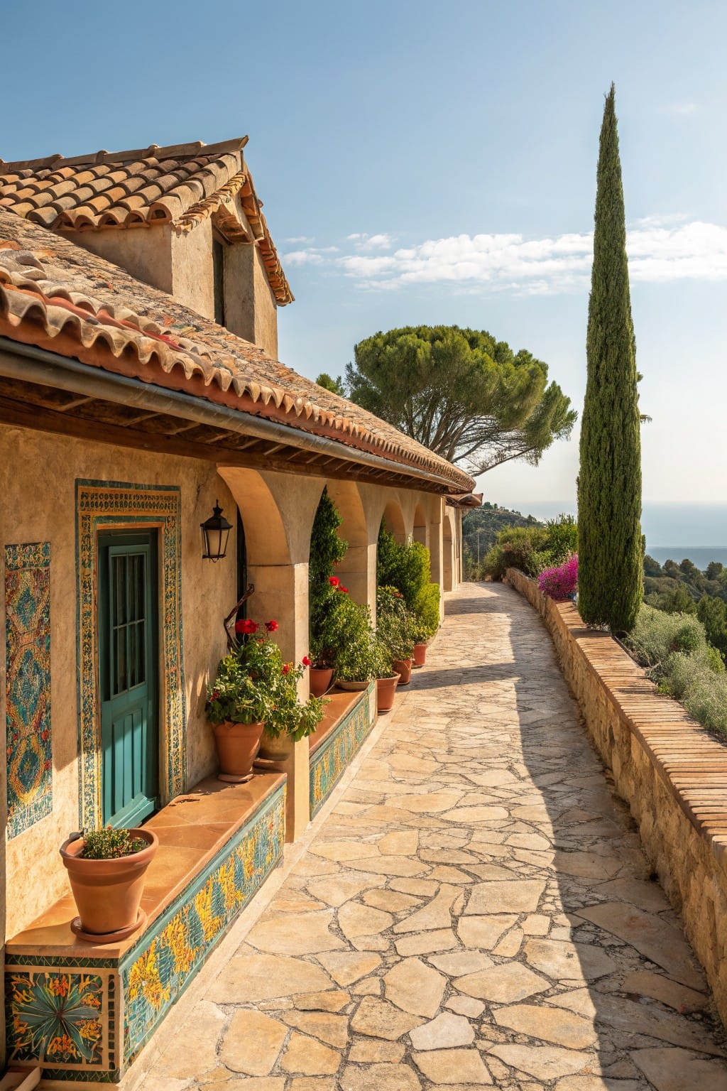 Stone-paved walkway edged by low walls with colorful mosaic tile panels and terracotta pots holding plants, next to a beige house with a green door and arched entry.