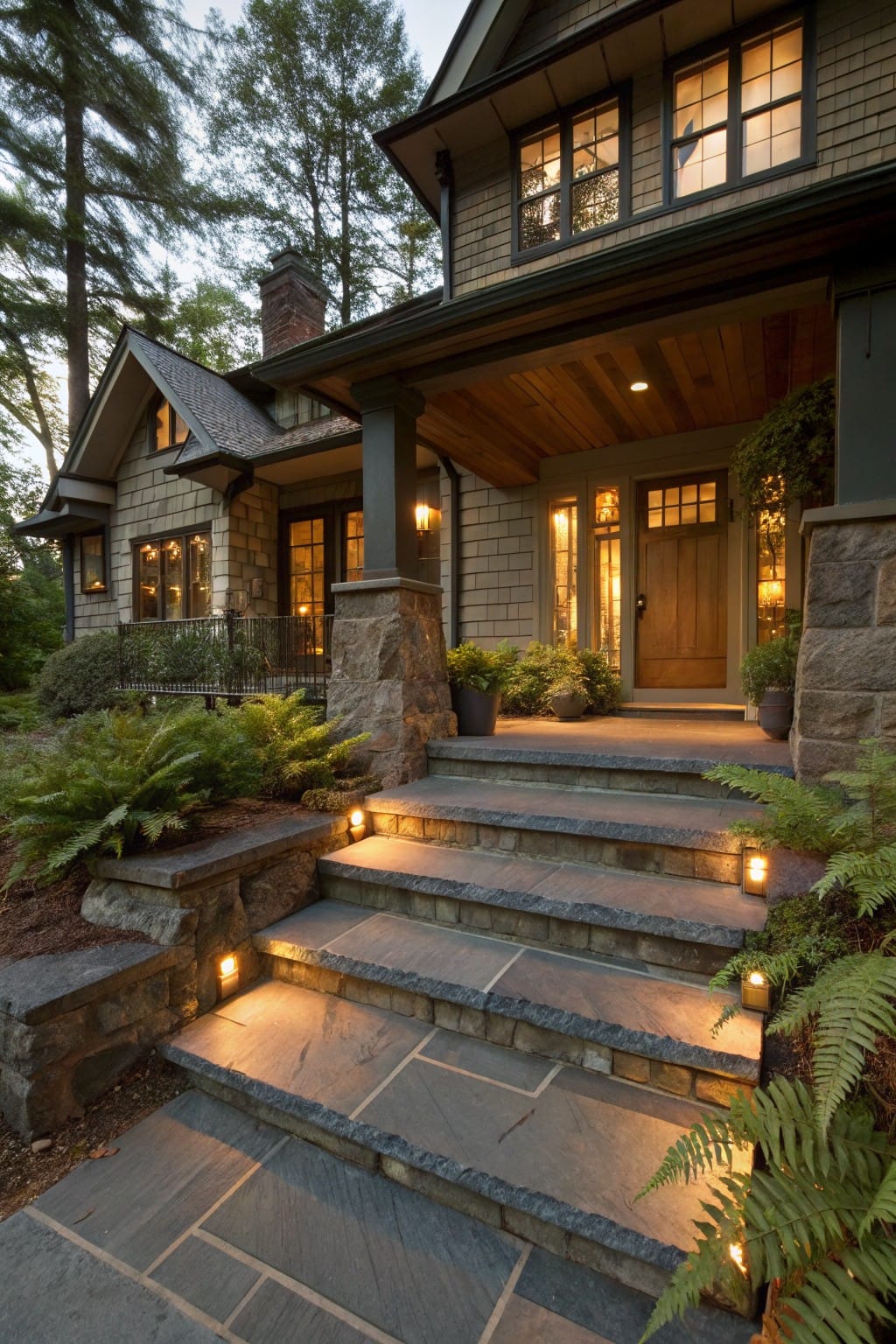 Home entryway with slate steps and low stone retaining walls edged by ferns and plants, lit by small path lights at dusk.