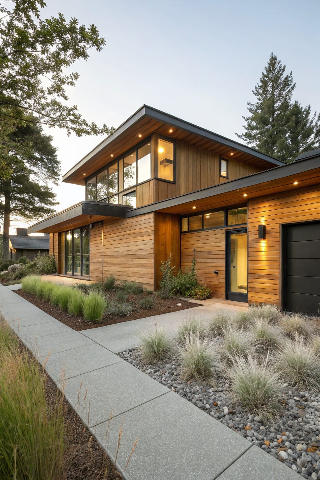 Contemporary house with cedar wood siding and black accents, concrete pathway edged by tall ornamental grasses and pebble mulch leading to side entry door and garage.