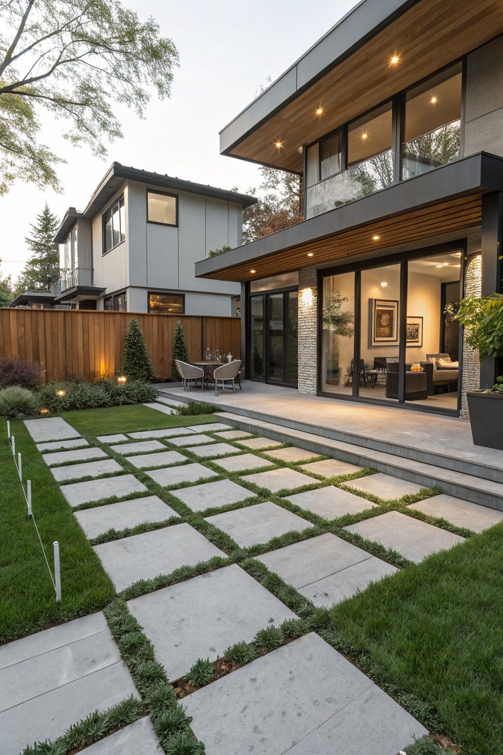 Backyard patio area of a modern house with large sliding glass doors opening to an elevated concrete deck, a pathway of rectangular concrete pavers set into surrounding grass lawn, low plants in joints, wood fence, trees, and outdoor seating.