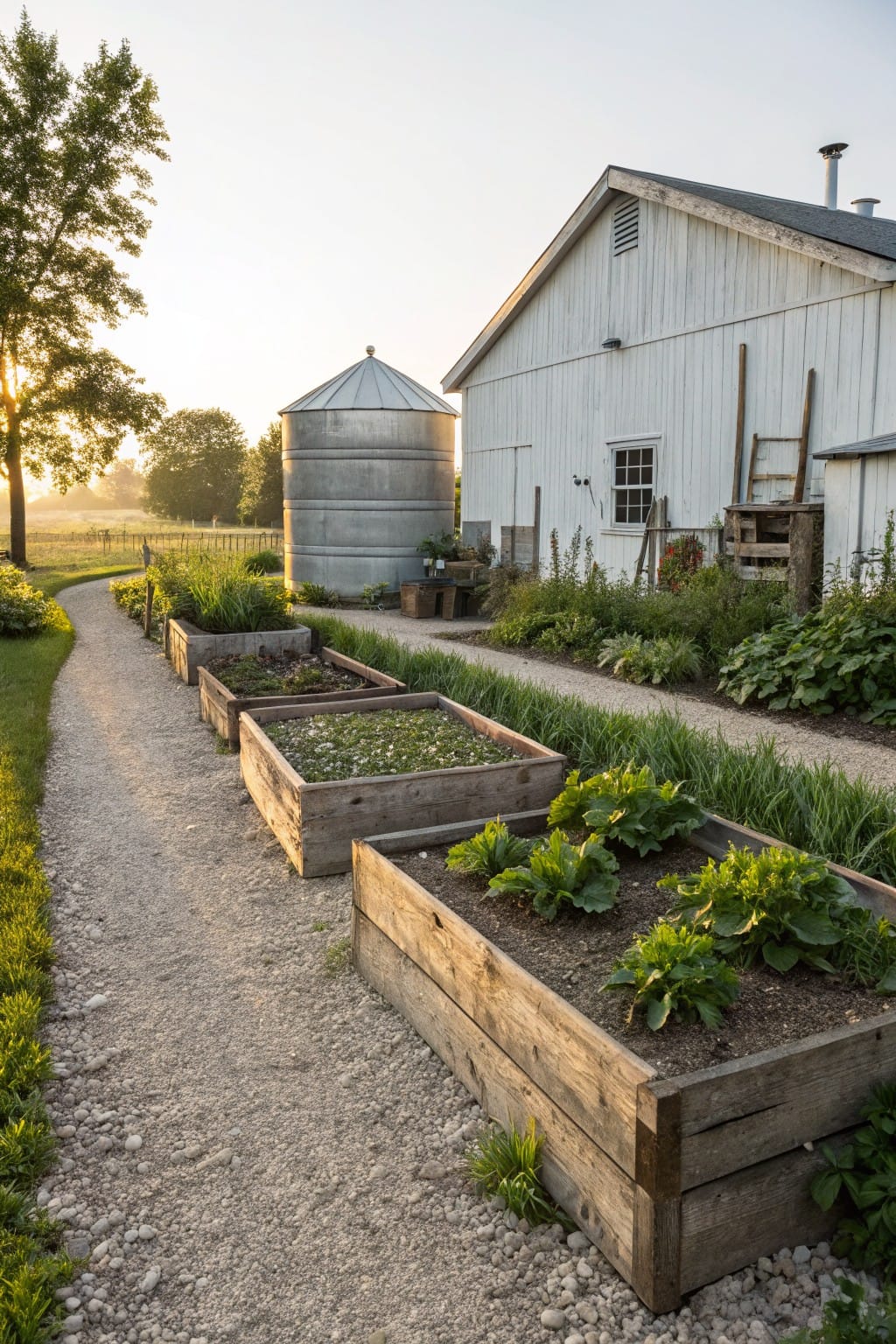 Wooden raised garden beds filled with vegetables and greens line both sides of a gravel path next to a white barn and metal silo.