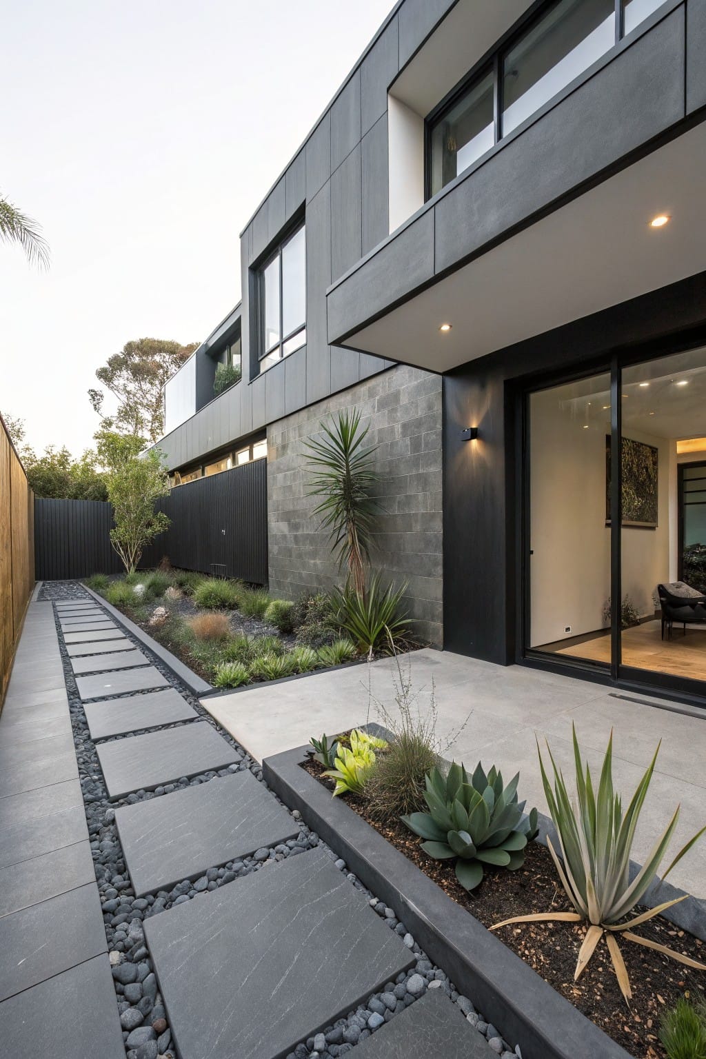 Side exterior of a modern black-clad house showing a pathway of large rectangular dark stone pavers set irregularly in black pebbles, bordered by succulent plants and leading to sliding glass doors.