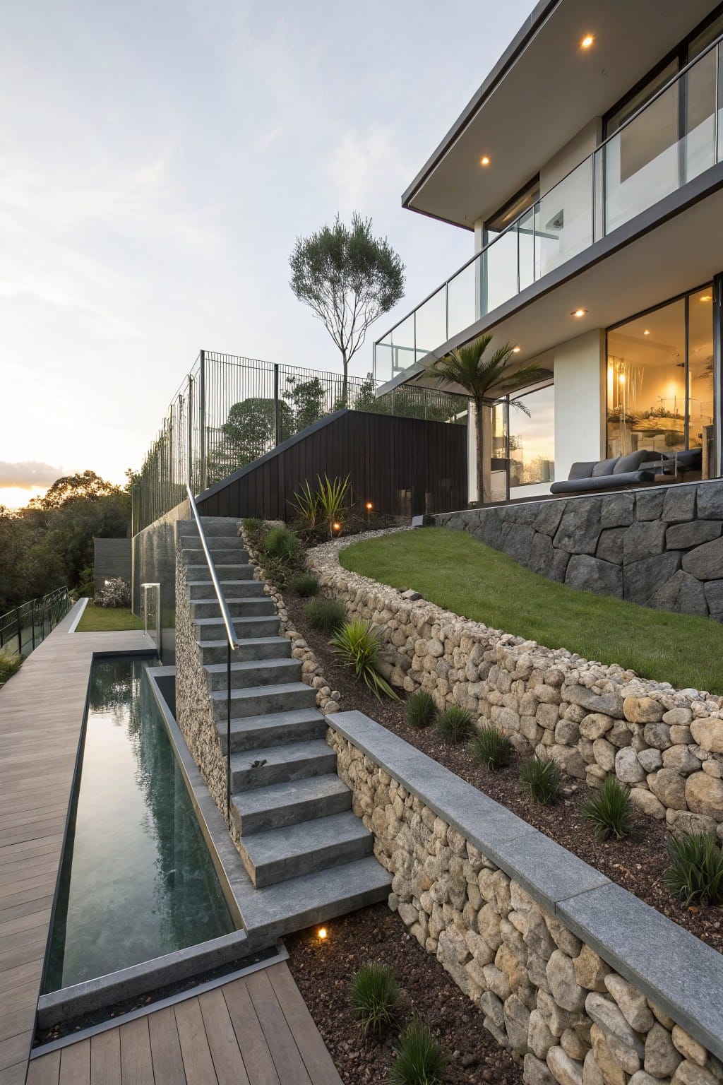 Modern hillside home with gray stone retaining walls edging grass slopes and plant beds, concrete stairs with railing, wooden deck beside narrow reflecting pool, and upper level with glass balcony and black cladding.