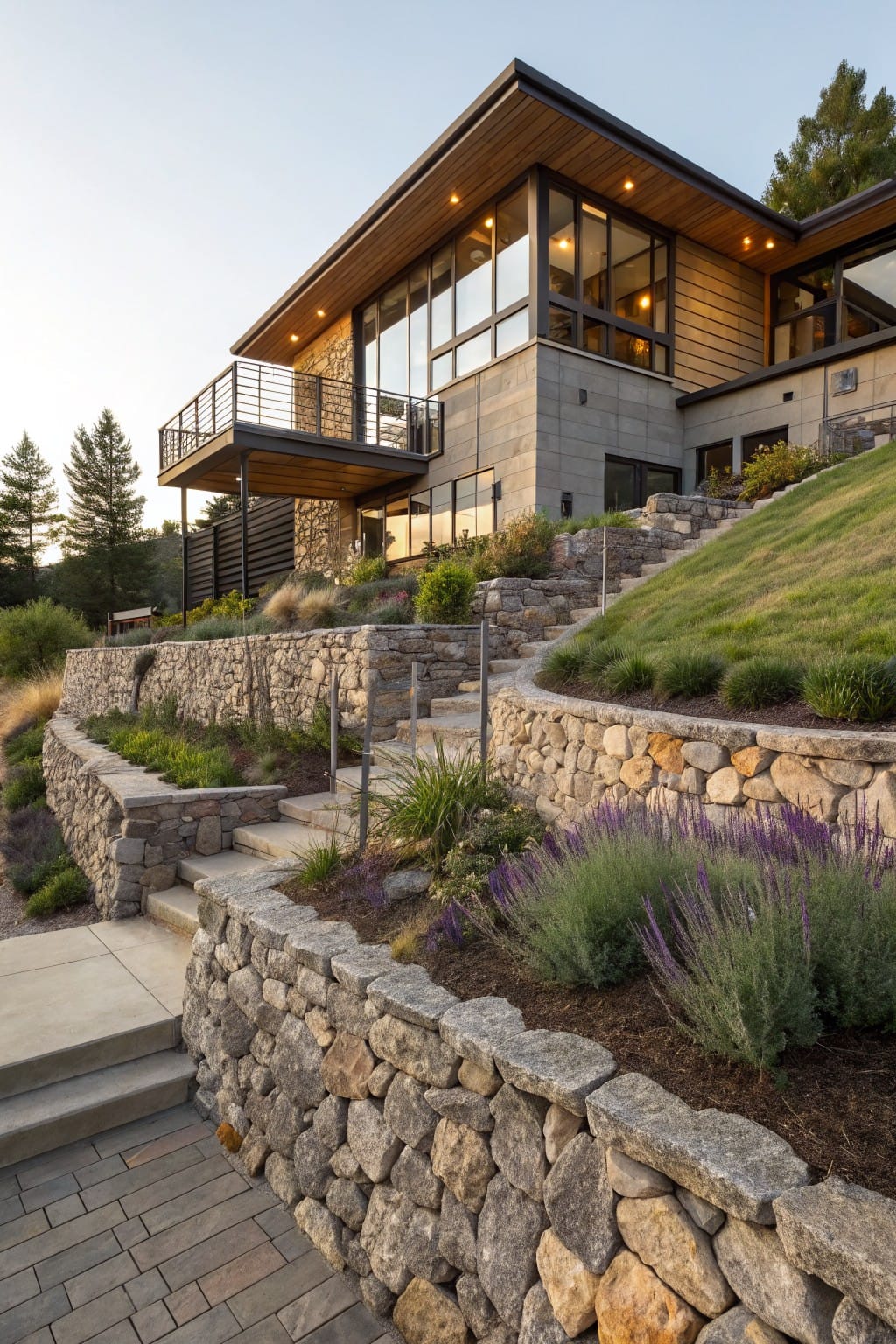 Hillside modern house with multi-level dry-stacked stone retaining walls, curving steps, and plantings of grasses and lavender leading up to the entry.