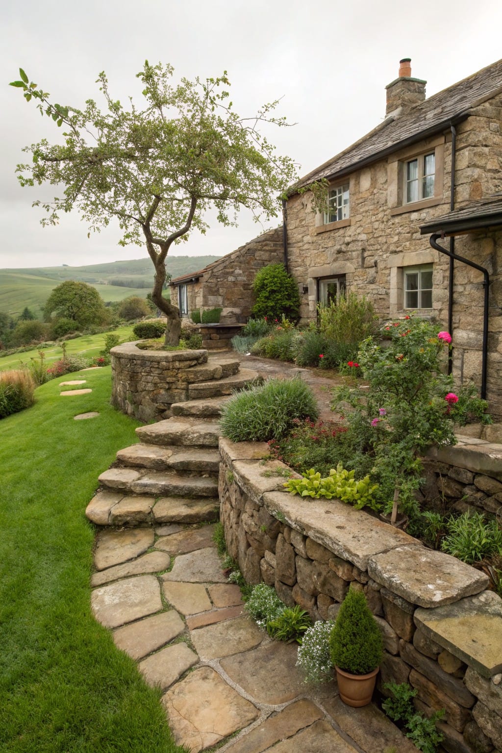 Stone cottage on a grassy slope with dry-stacked stone retaining walls forming terraced garden beds, irregular stone steps, flagstone path, various plants and flowers, and a small tree nearby.